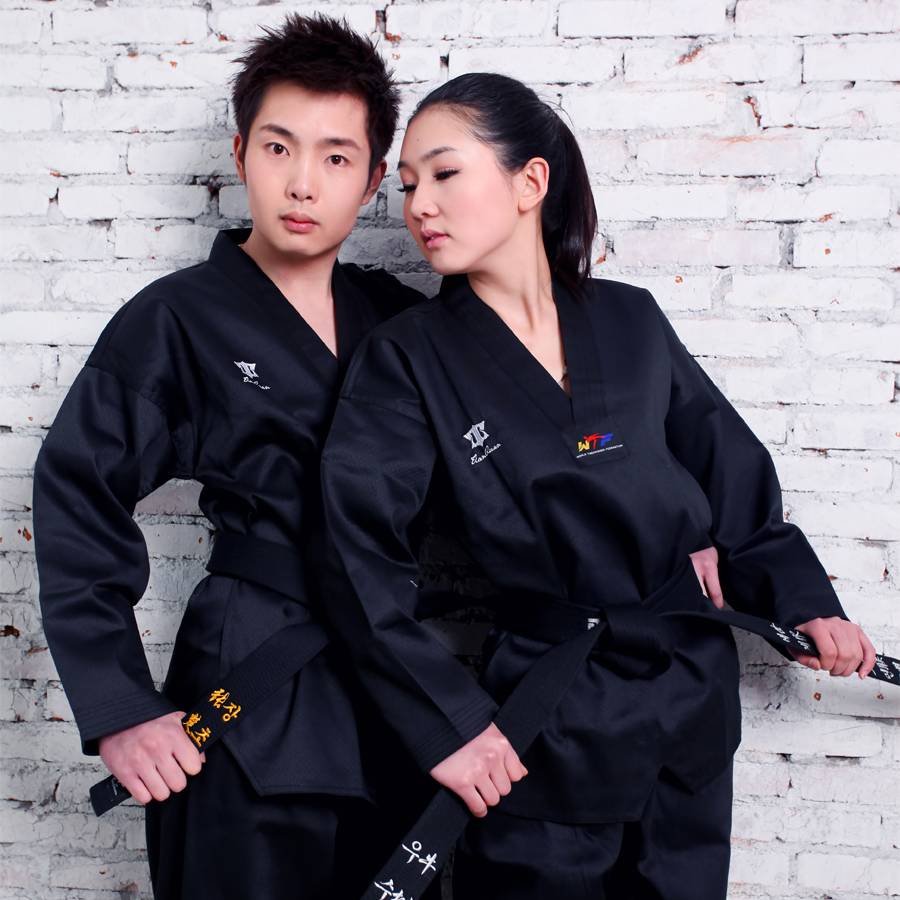 Tianquan adult children black taekwondo clothing long -sleeved men and women lift Taekwondo clothing master service performance training suit