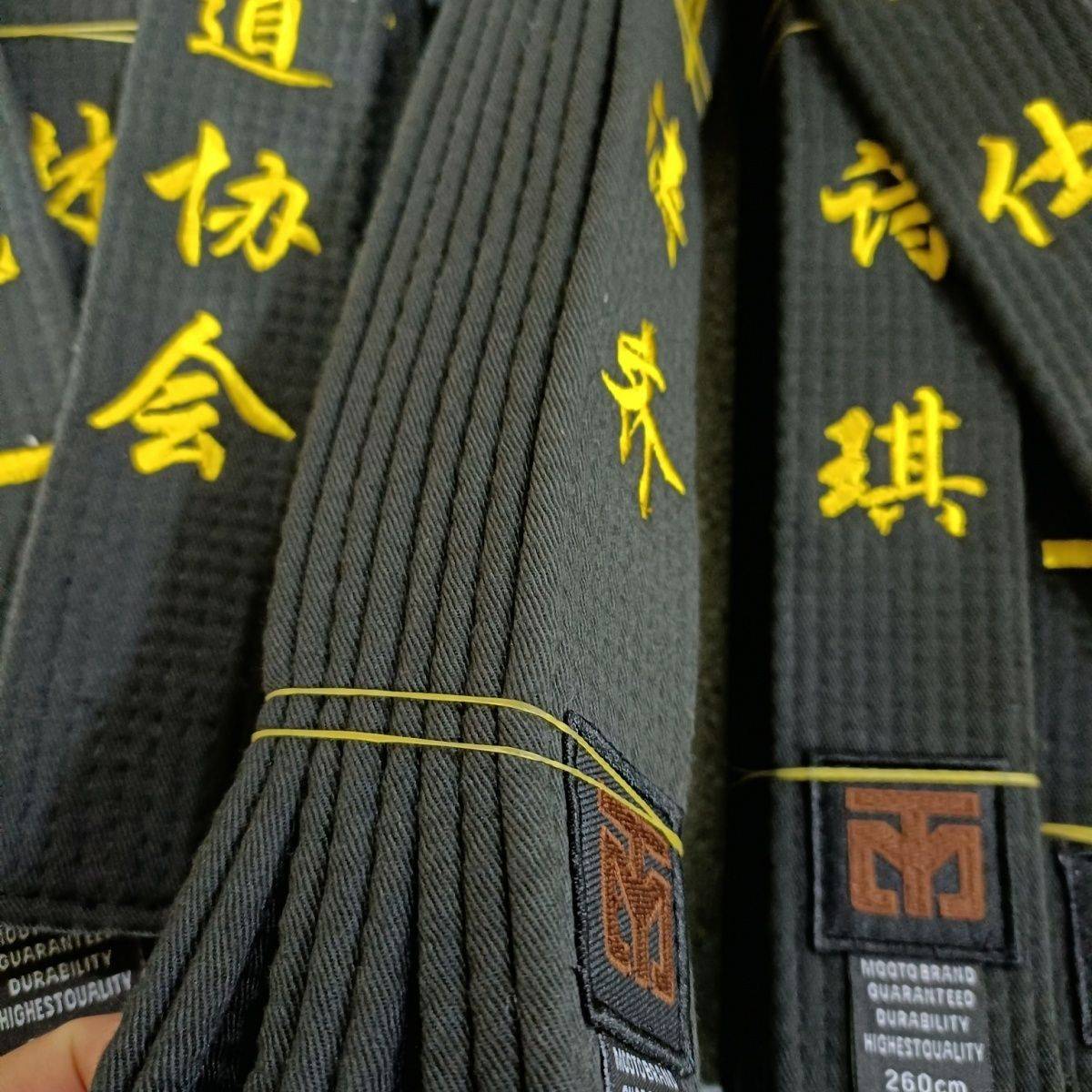 Taekwondo belts with children embroidered, black-banded athletes scattered with their coach's black-band karate belt