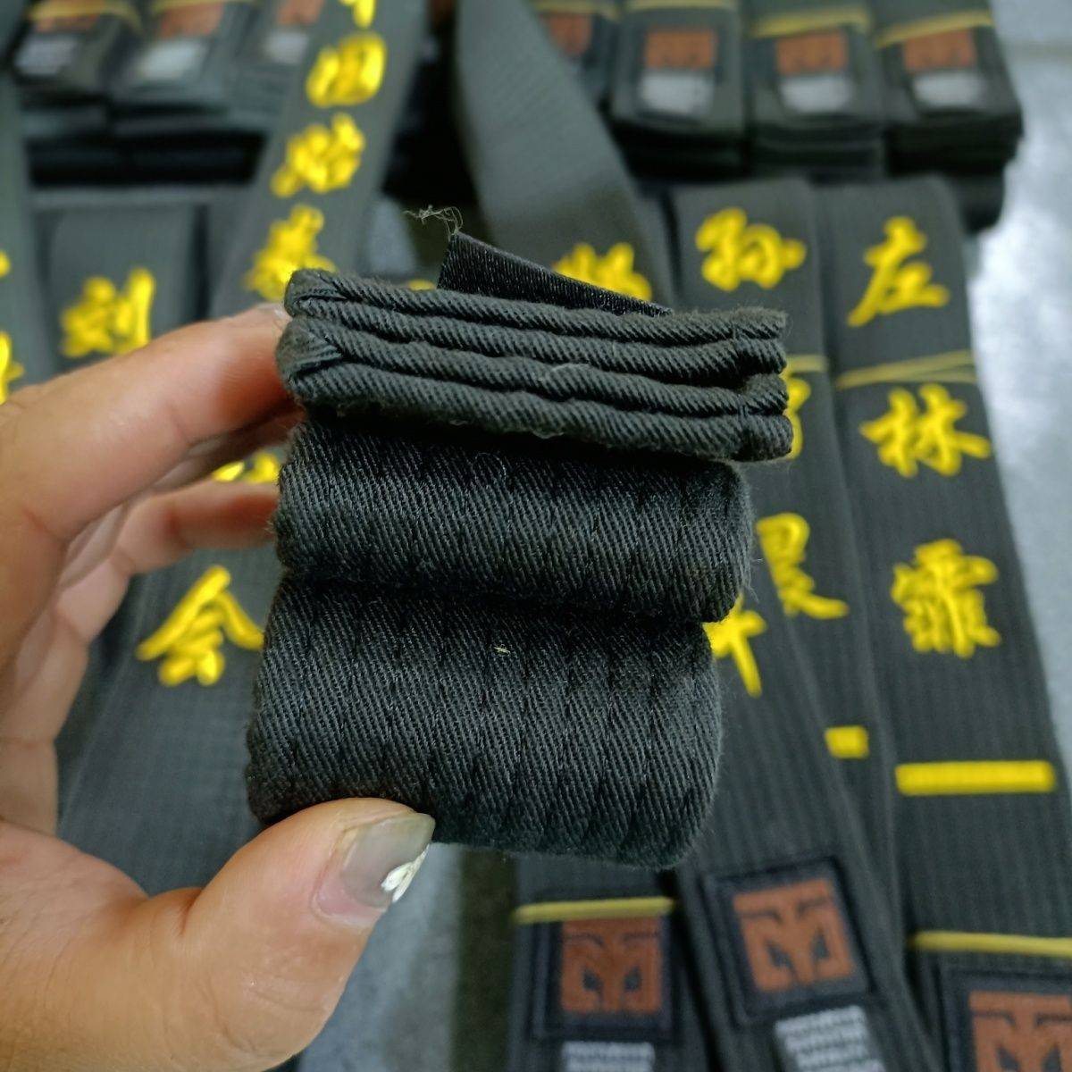 Taekwondo belts with children embroidered, black-banded athletes scattered with their coach's black-band karate belt