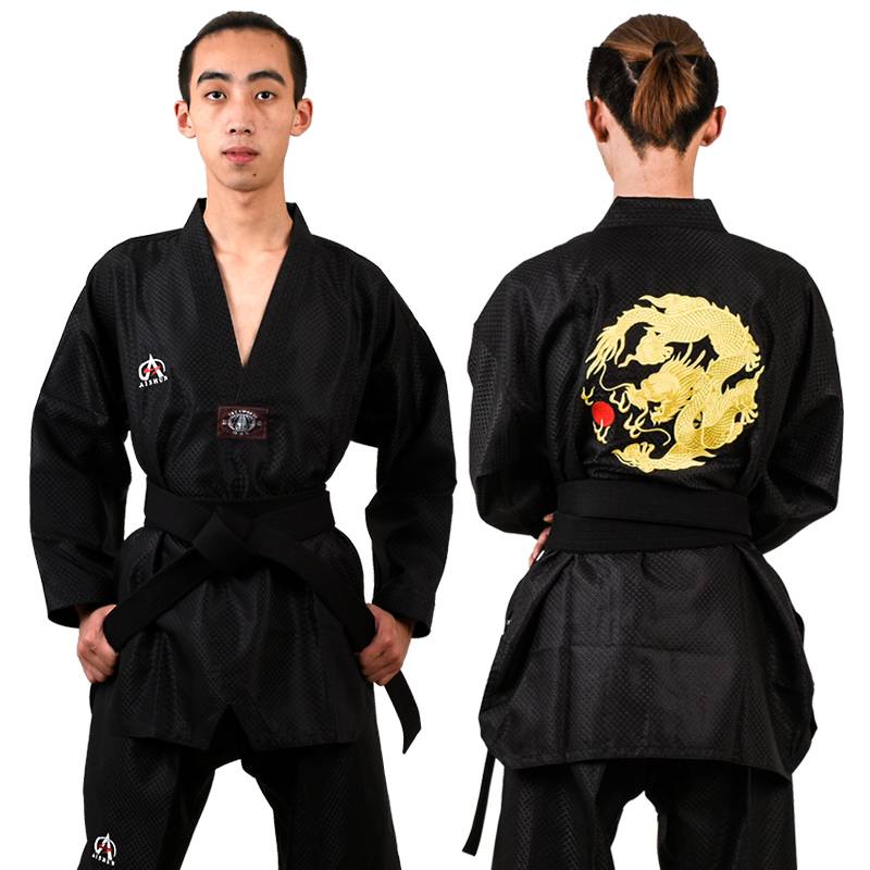 Taekwondo trainers in black dragon clothes for training adult children in summer clothes customised as tampons