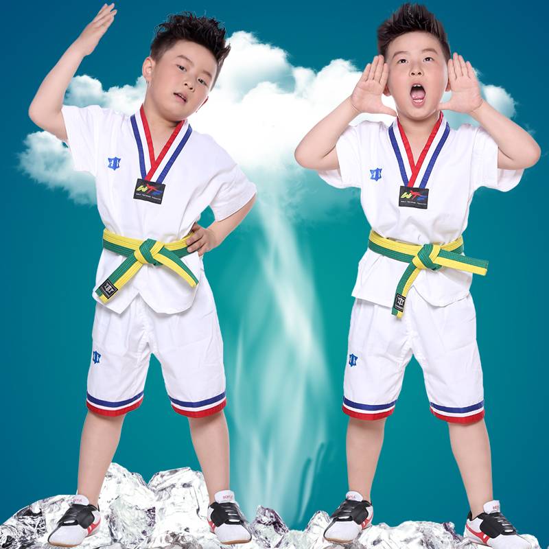 All cotton summer short -sleeved Taekwondo clothing children's T -shirt adult men and women young children pure cotton junior taekwondo clothing
