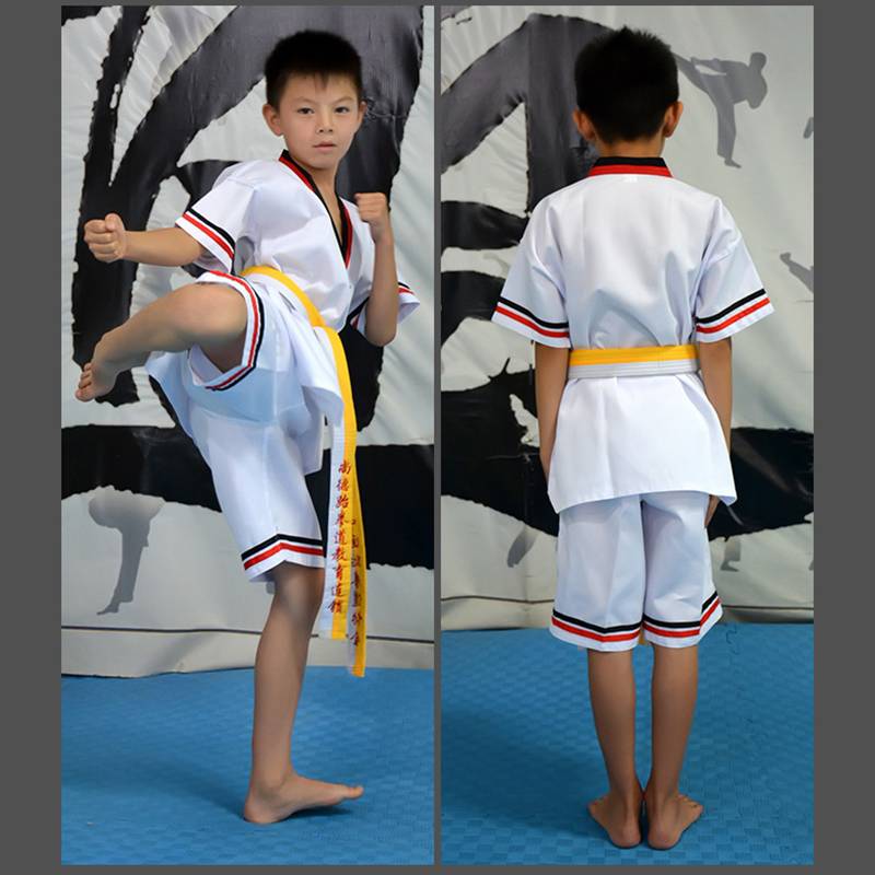 Free shipping whole cotton Children's short -sleeved shorts, children white red black collar road training competition pure cotton taekwondo clothing