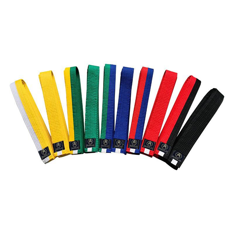 A white, yellow, blue, red and karate embroidery
