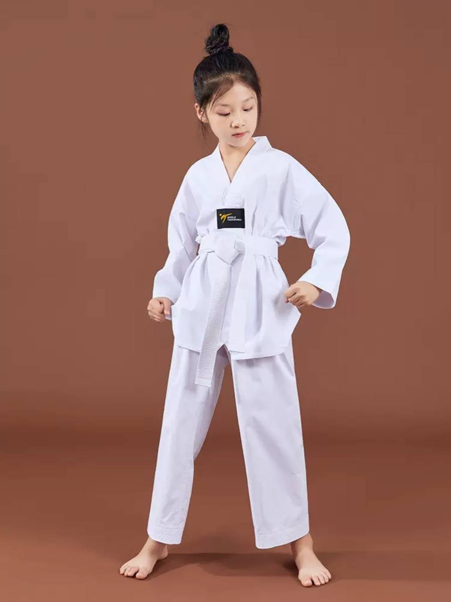 New white -collar Taekwondo clothing Children's pure cotton adult long -sleeved male and female college student training Taoist clothing thin summer clothing