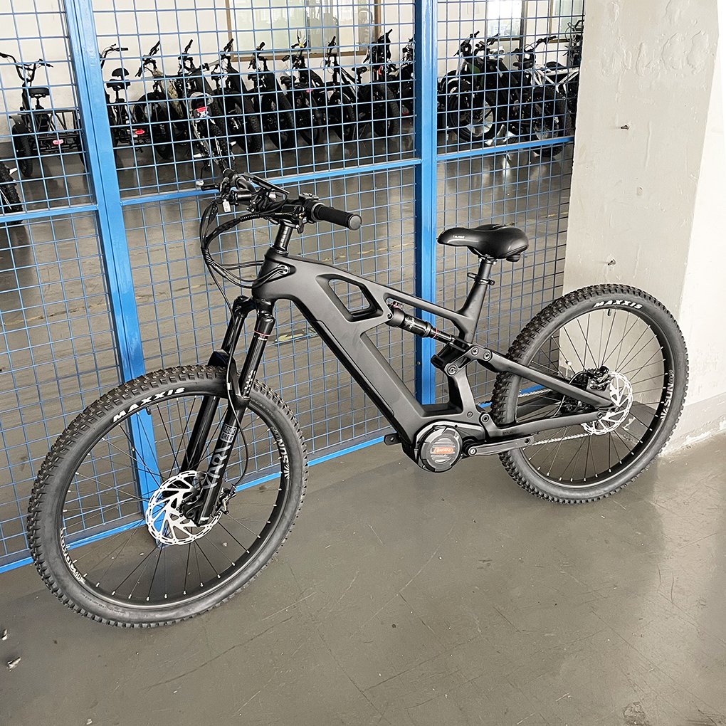 Carbon fiber full suspension electric bike 48V 500W 1000W mid drive motor mountain ebike electric bicycle with 48V17.5Ah battery