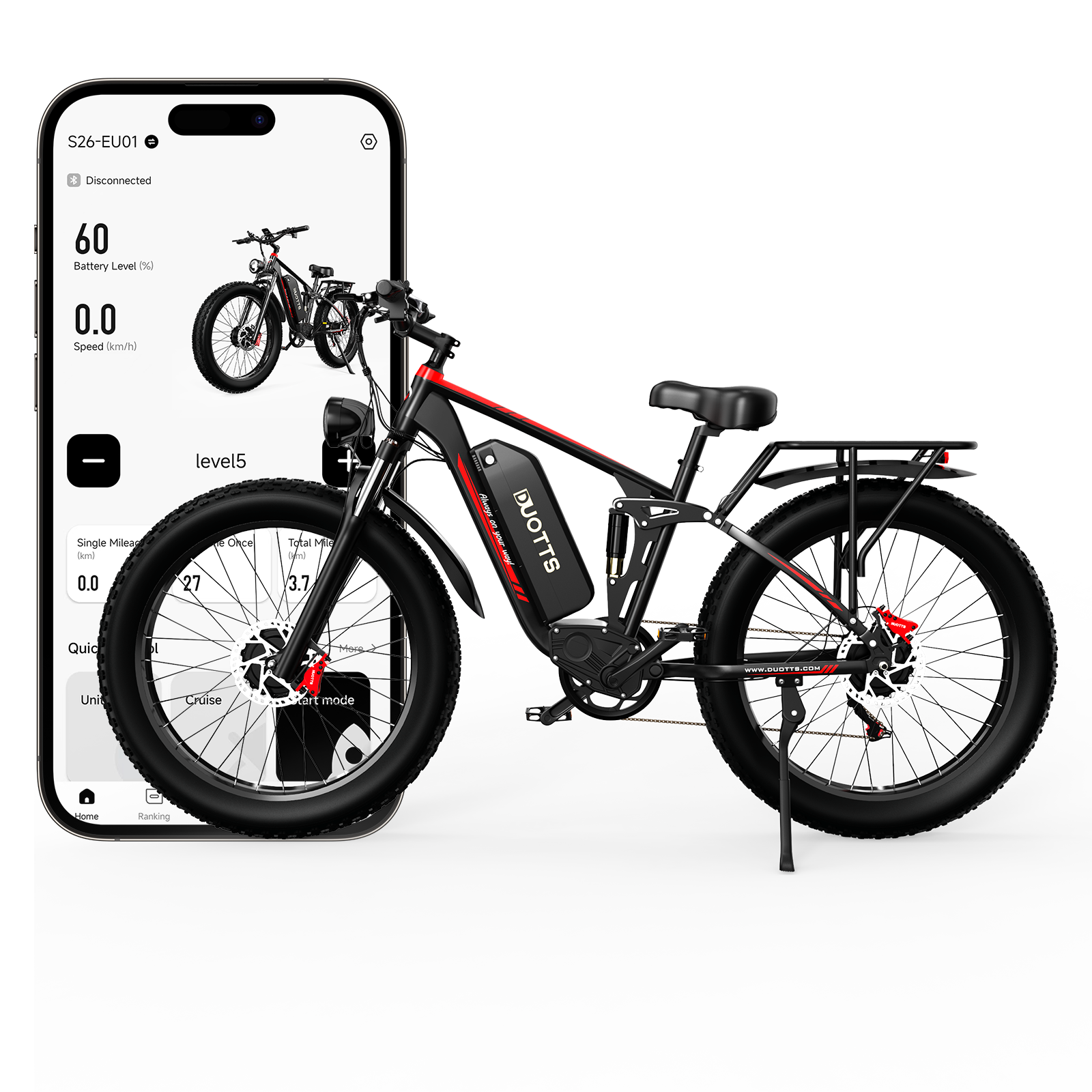 DUOTTS 750W*2 Motor Full Suspension Aluminum Alloy Body 48v 20ah Lithium Battery Electric Hybrid Bike Fat Tire Mountain Design