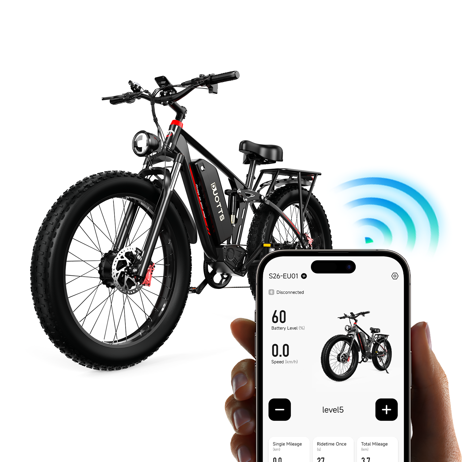DUOTTS 750W*2 Motor Full Suspension Aluminum Alloy Body 48v 20ah Lithium Battery Electric Hybrid Bike Fat Tire Mountain Design