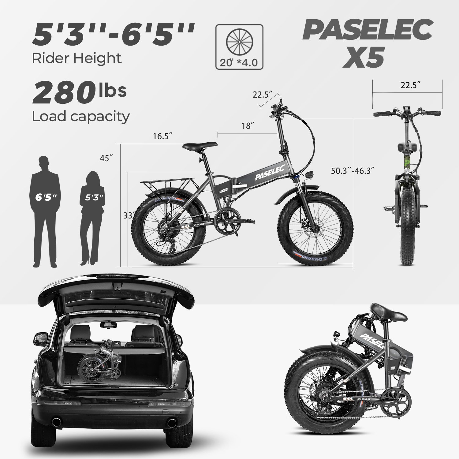 Paselec PX5 Electric Folding mountain bike 500W 48V 10.4Ah ebike 20"Aluminum alloy with Rack