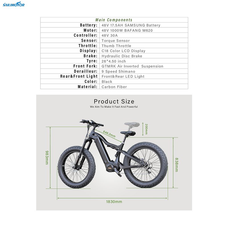 Carbon fiber Bafang M620 48V 1000W mid drive motor Full suspension electric bike with color LCD display C18
