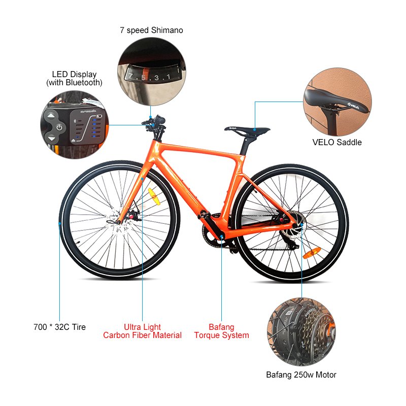 Carbon Fiber Frame Bafang 250w Motor Ebike 7 Speed Shimano Motor 700*32C Tire Electric Bicycle City Ebike
