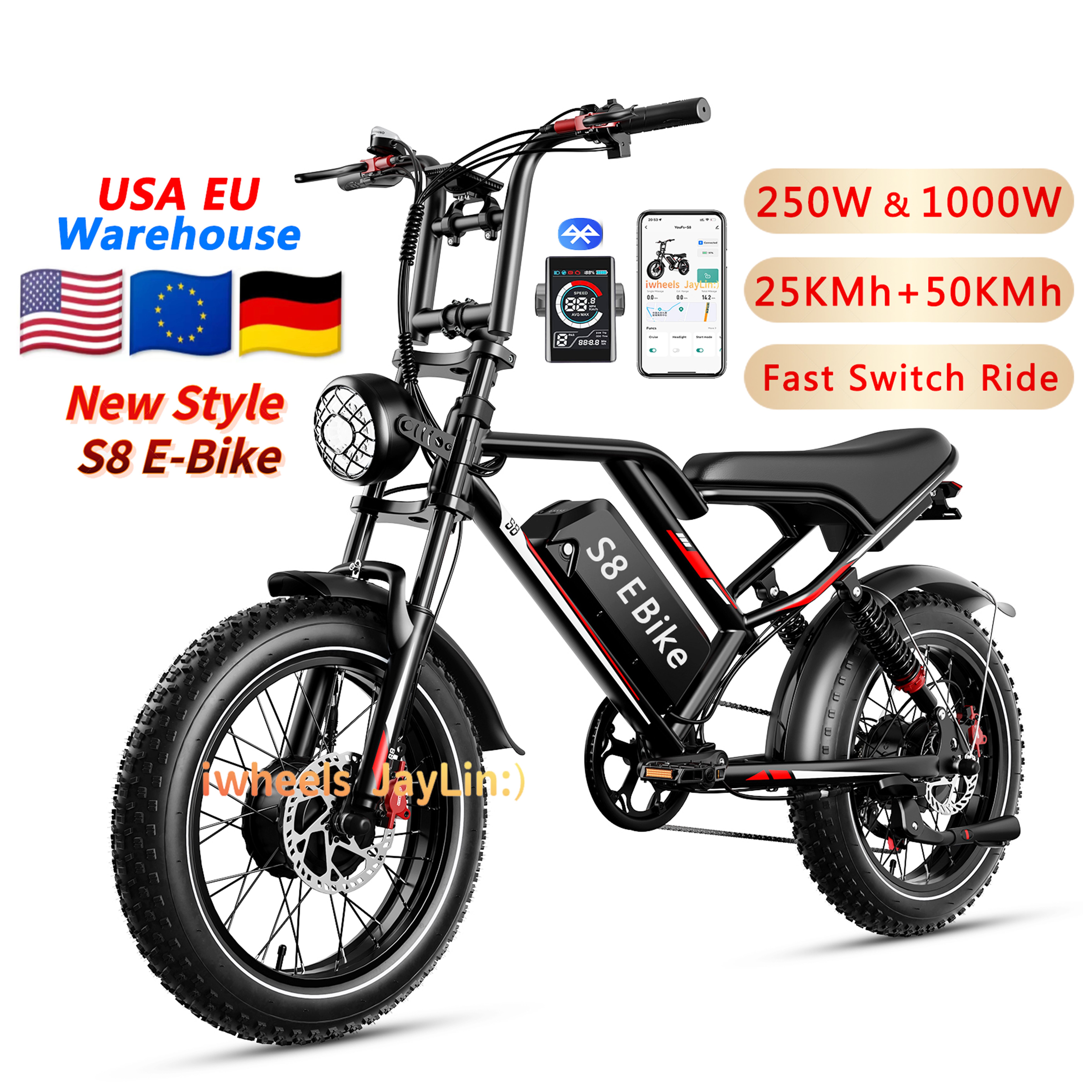 USA EU Hot Sale Dirt E Bike S8 73 Electric Mountain Cycle 20 inch Fat Tire V20 Bikes 1000W 1500W 250W Motor Bicycle Hybrid Aldut