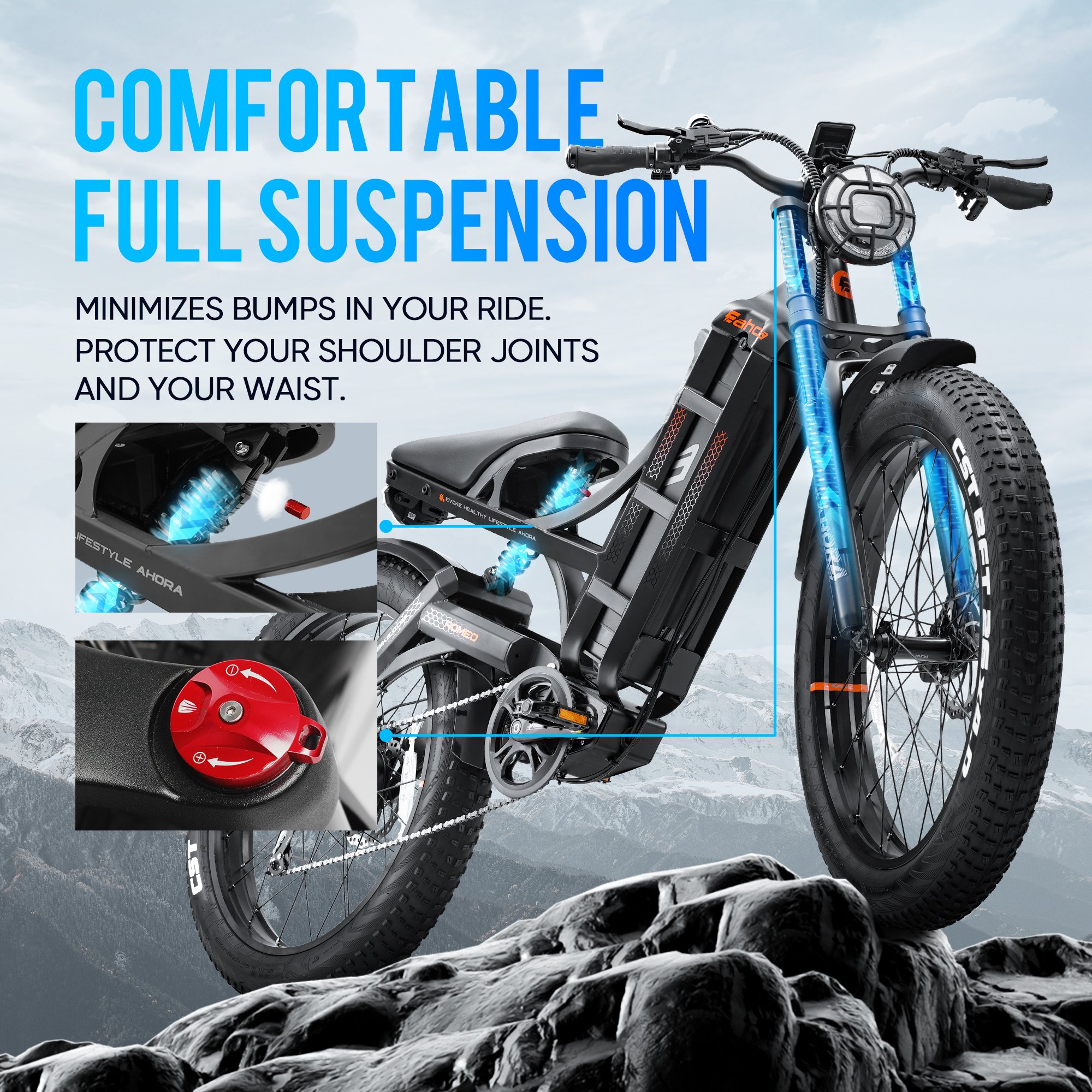 Eahora Romeo Pro 1200W Motor Ebike 26" x4.0 Fat Tires 48V 60Ah Removable Battery 7-Speed electric bicycles for Adult