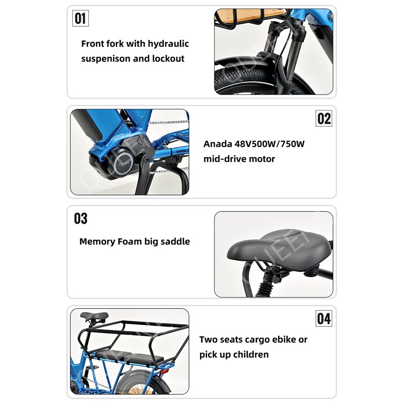 QUEENE 500W Mid Drive Motor Long Range Three-seat Family Disc Brake 20 Inch City Bike Electric Bicycle Ebike