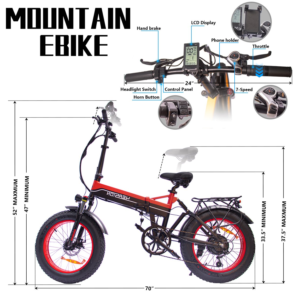 US Warehouse 20"X4.0 Wheel Folding e-Bike 14Ah Lithium Battery Electric Bicycle 1000W 48V Motor Fat Tire Folding Electric Bike