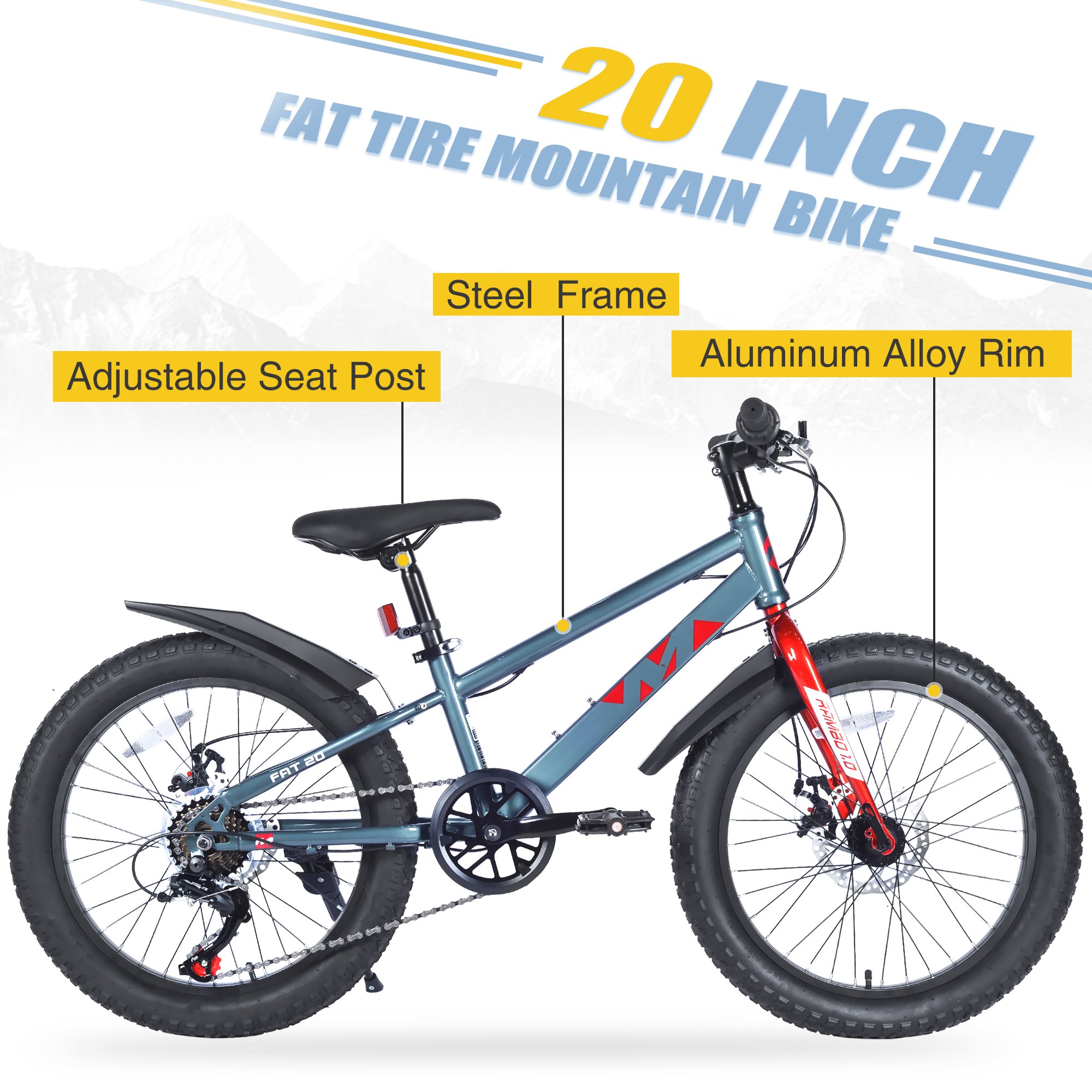ZUKKA 20 inch Top Mountain Bikes Affordable Fat Tire MTB With Steel Frame 7spd Grey Color