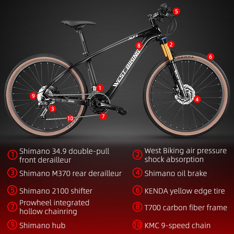 WEST BIKING 26" 27.5" 29" T700 Carbon Fiber MTB Bike 27-Speed Lightweight Aluminum Alloy Mountain Bike Comfortable Road Bicycle