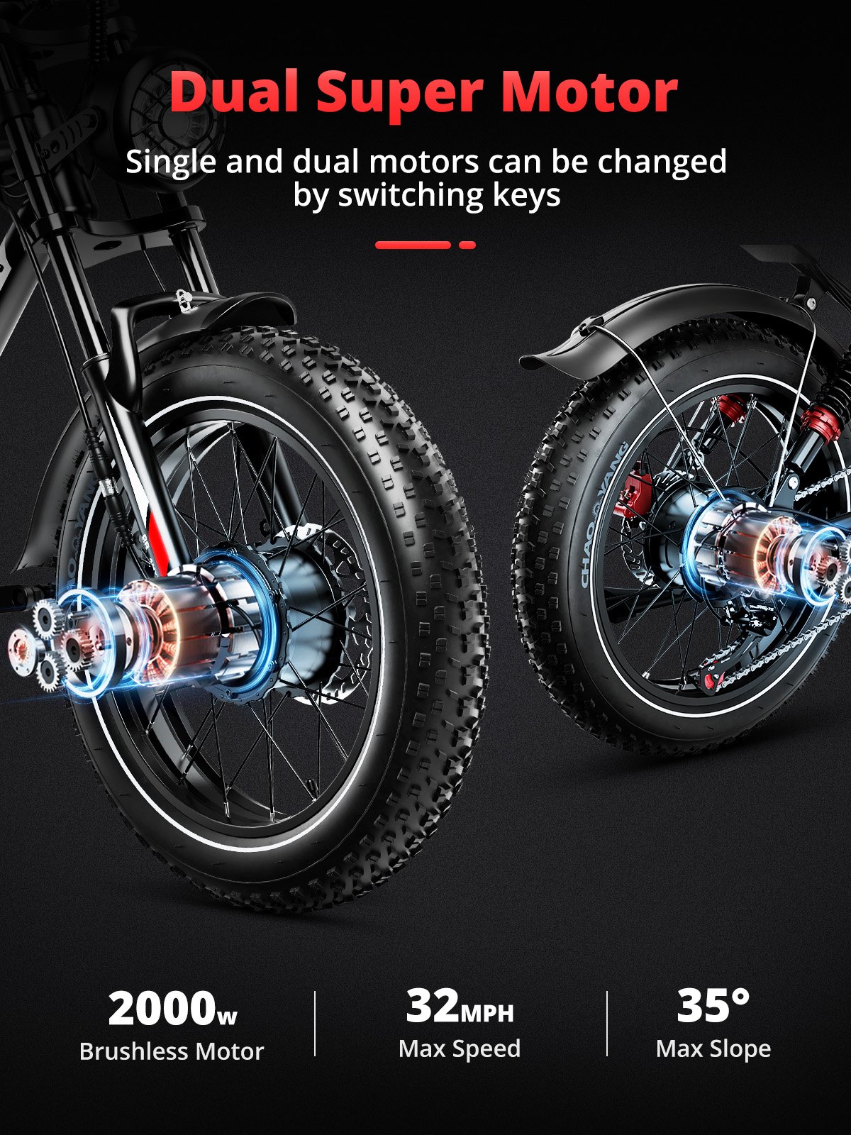 US Stock 2000W Hybrid Mountain Bicycle Electric Fat Tire Bike Dual motor Hydraulic disc brake Ebike