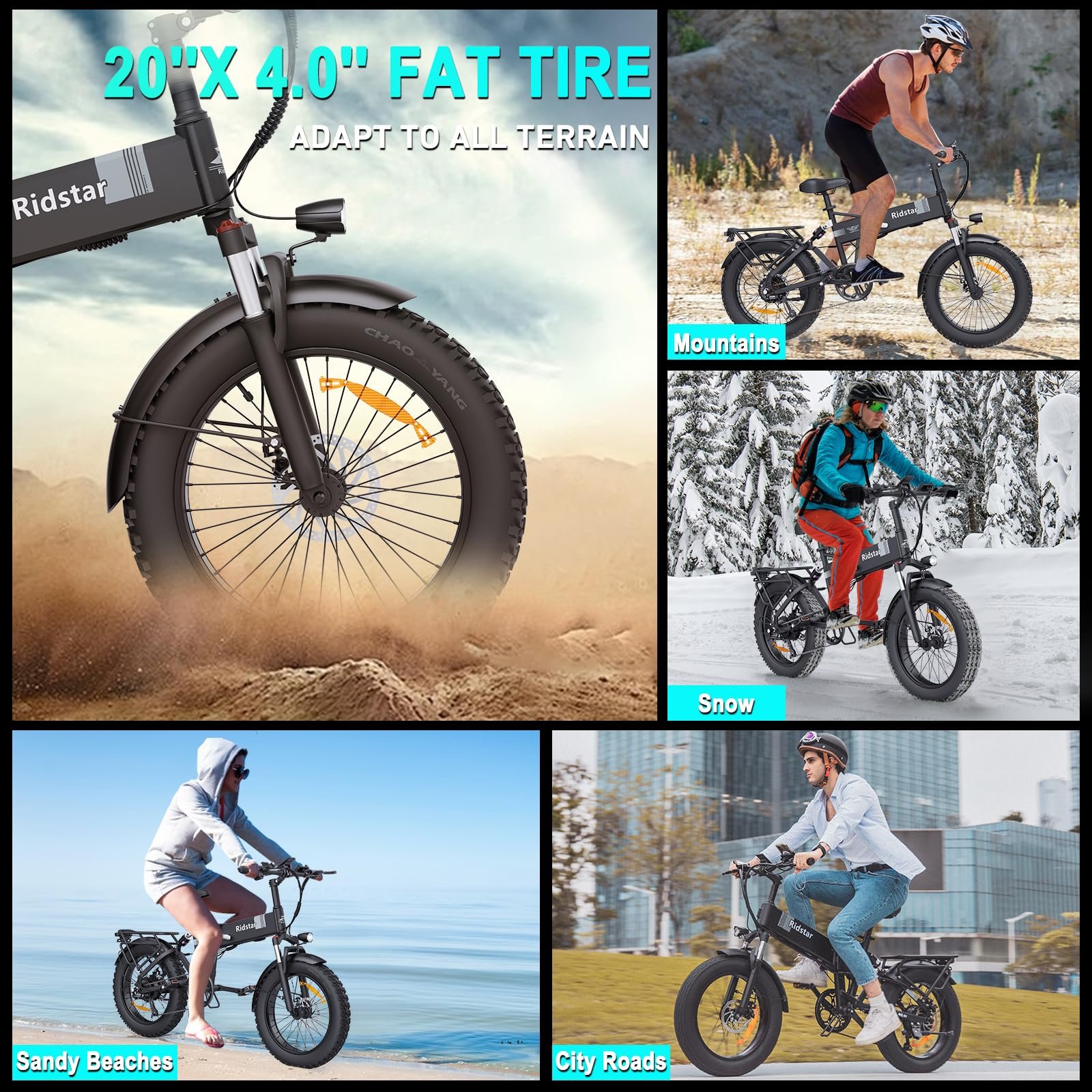 Ridstar H20 Electric Bike 1000w Folding Electric Bike 20 Inch Fat Tire Electric Mountain Bike