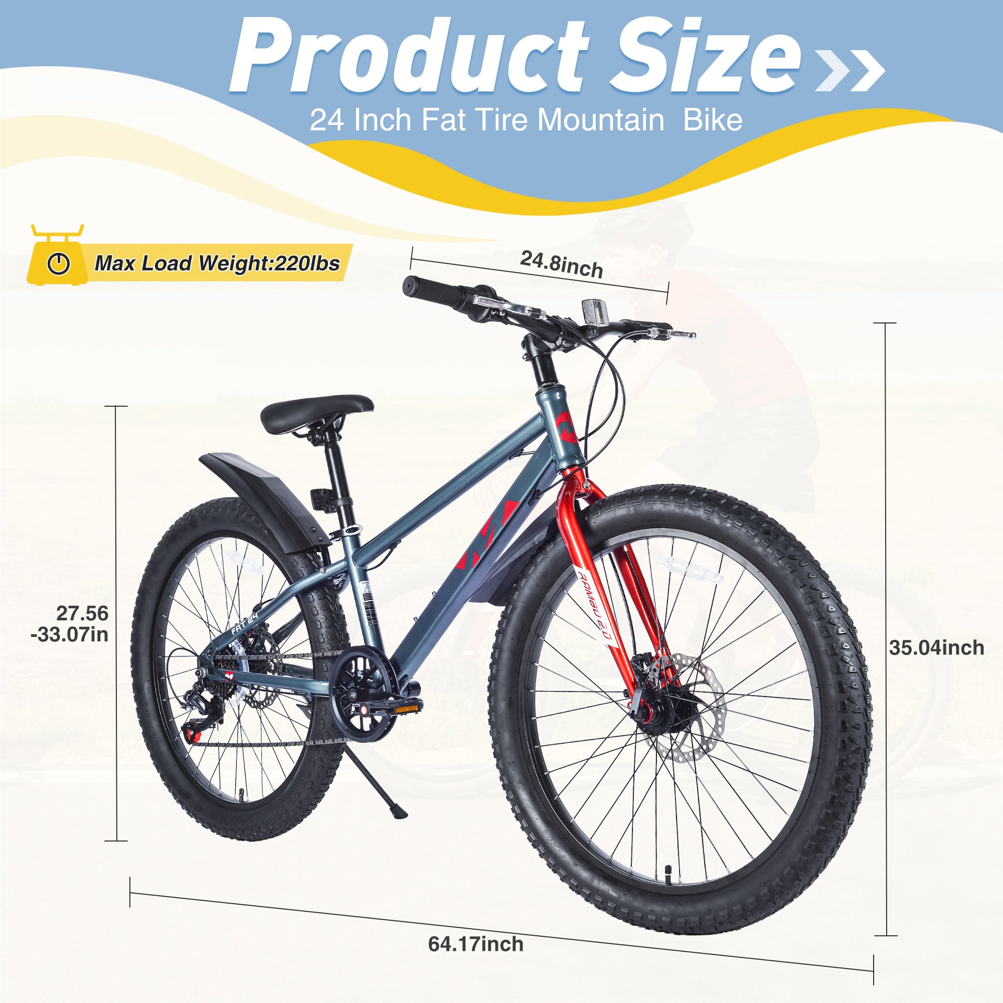 ZUKKA High-performance 24 inch Fat Tyre Mountain Bike With Steel Frame And 7spd Gear In Grey