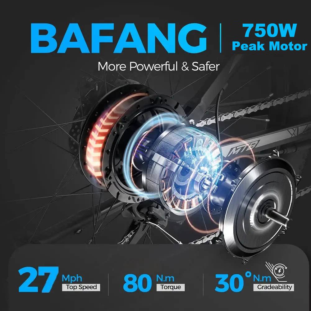 Electric Mountain Bike 27.5'' eBike Bicycle Bafang 750w Peak Motor 9 Speed Moped