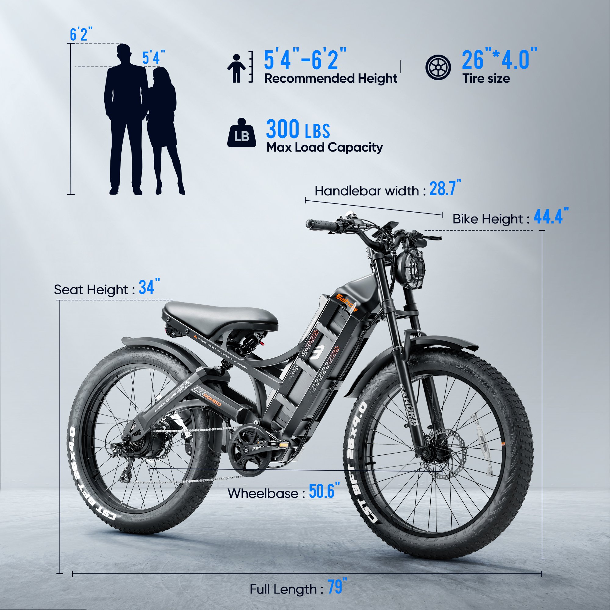 Eahora Romeo Pro 48v 60ah And 1500w 26"*4.0 Ebike Hybrid Electric City Bike Adult Electric Bicycle Elektric E Bike