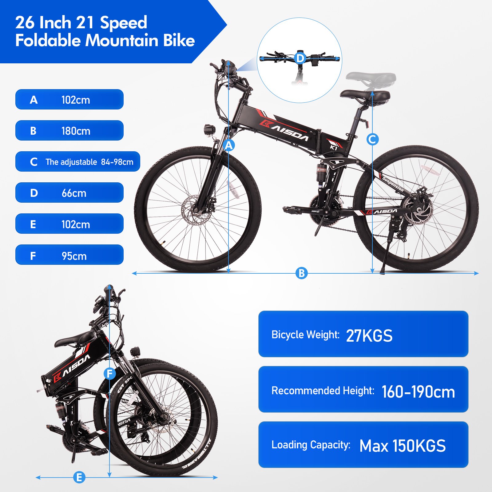EU Stock Kaisda K1 best quality 26 inch 48v 500w full suspension ebike folding electric mountain bike e mtb bike