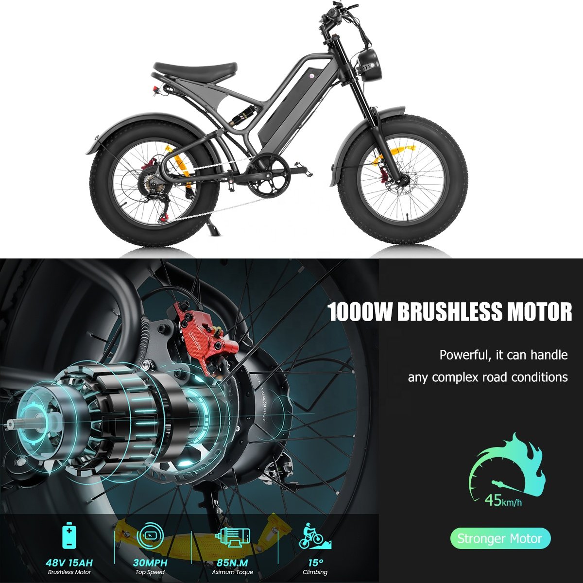 OEM 1000W 48V 60Ah Full Suspension 85Nm Torque Long Range Ebike 20 * 4.0inch Fat Tire Electric Mountain Bike for Adults