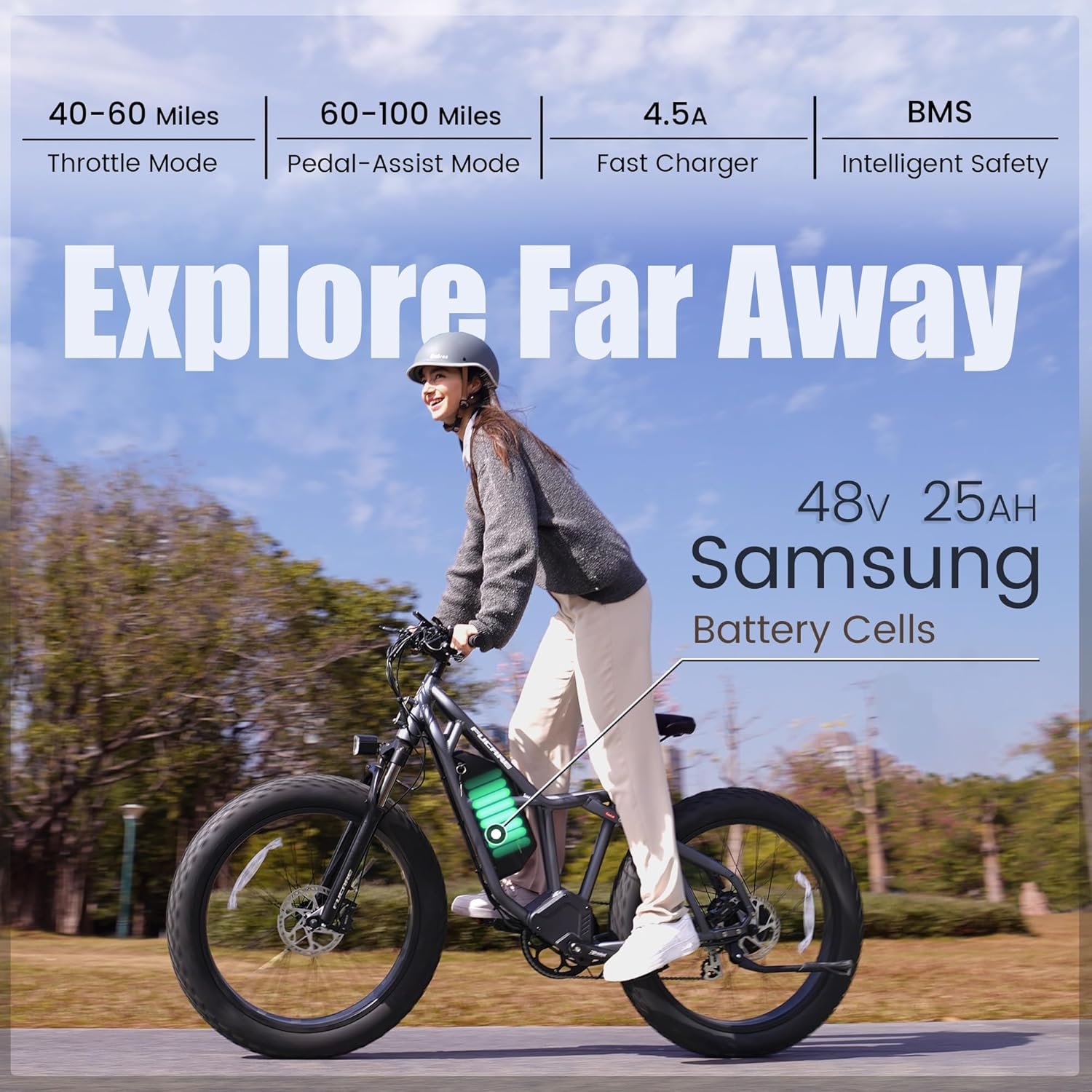 Fucare Taurus Max 1200W 48V 25AH Battery 32MPH 100 Miles 26" Fatbike 4.5A Fast Charger, 8 Speed, Hydraulic Brake E bike