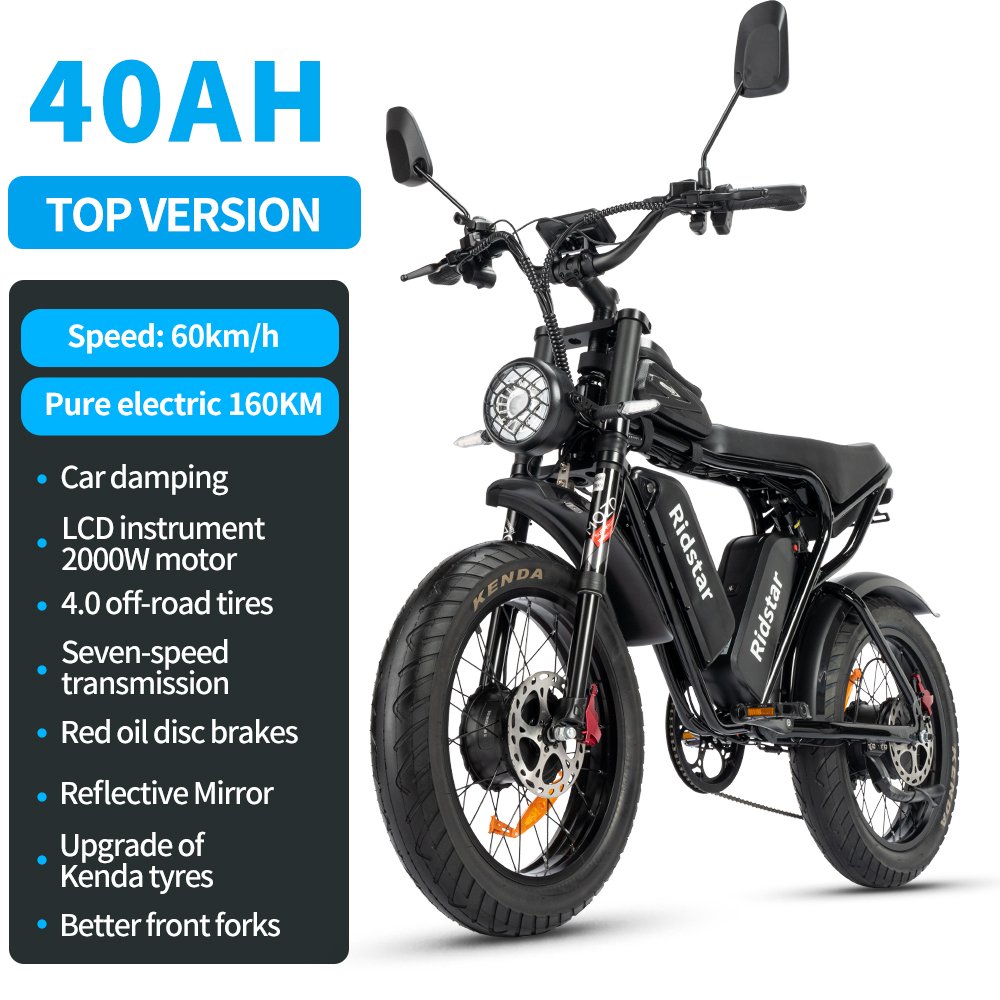 2000W Electric Bike Adults 20'' City Ebike High-Speed 7 Speed Electronic Double Battery 7 Speed Electronic Fat Lithium Battery