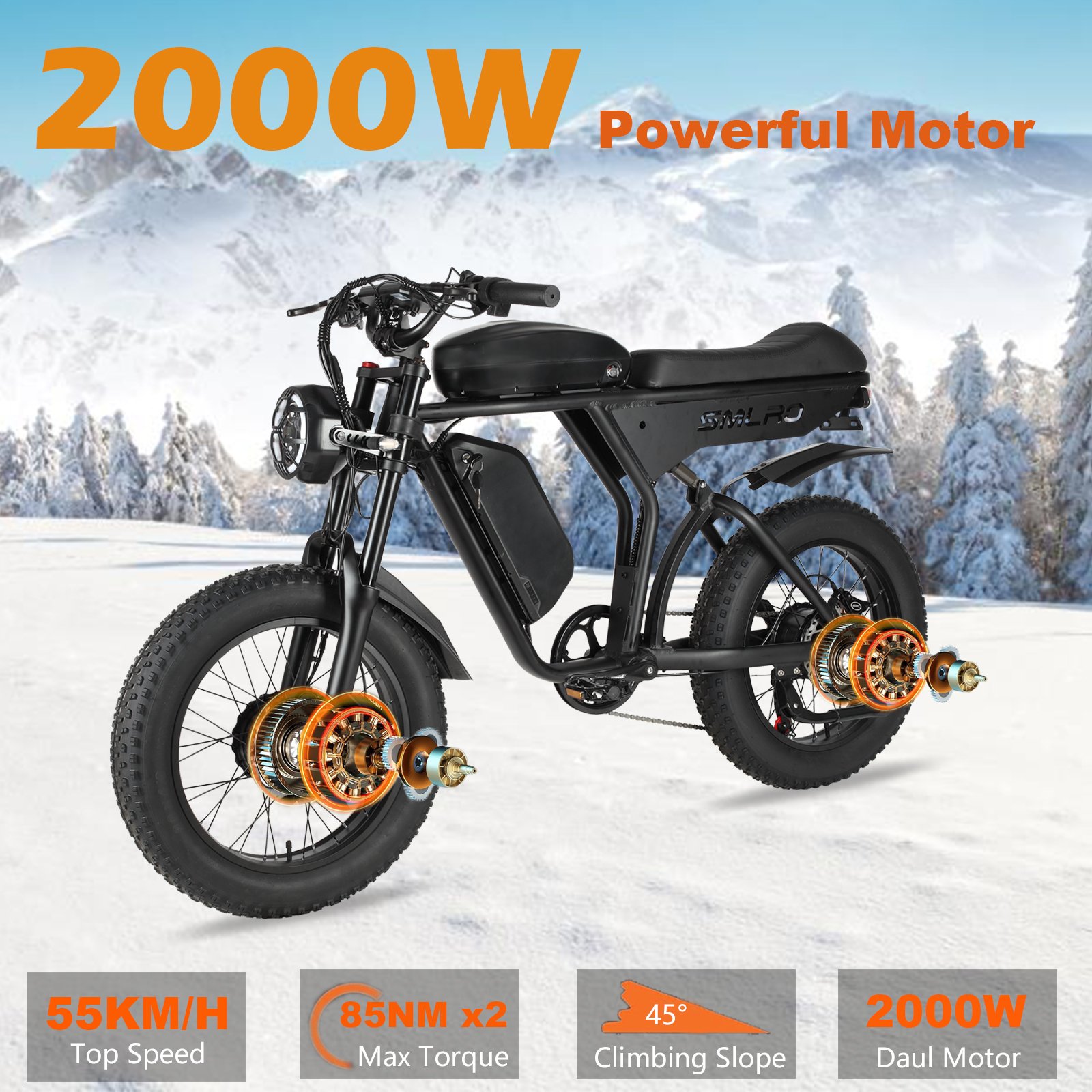 US Warehouse SMLRO U8 Electric Mountain Bike Adults 34MPH 80Miles Brushless Dual Motor Disc Brake 40.2AH Removable Daul Battery