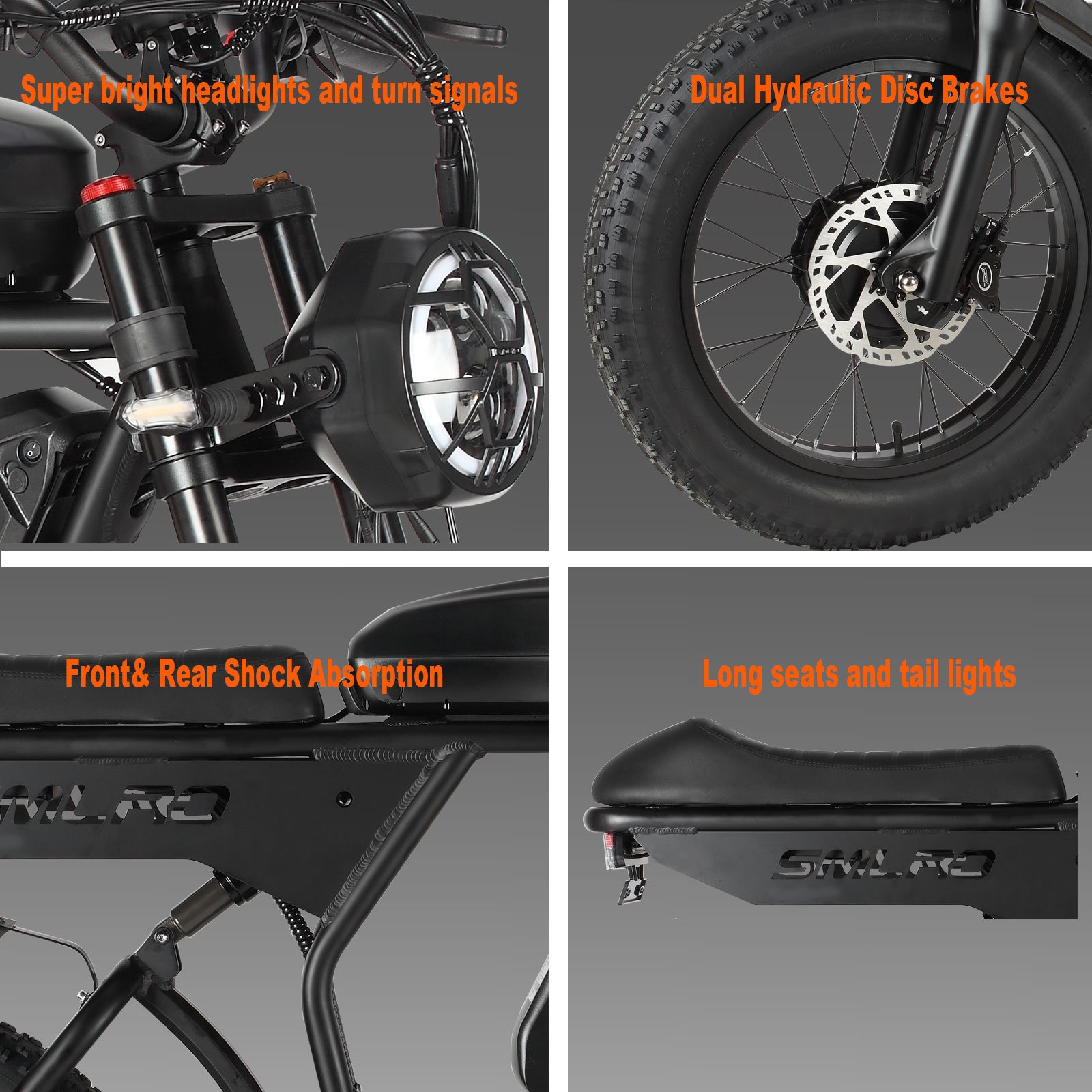 US Warehouse SMLRO U8 Electric Mountain Bike Adults 34MPH 80Miles Brushless Dual Motor Disc Brake 40.2AH Removable Daul Battery