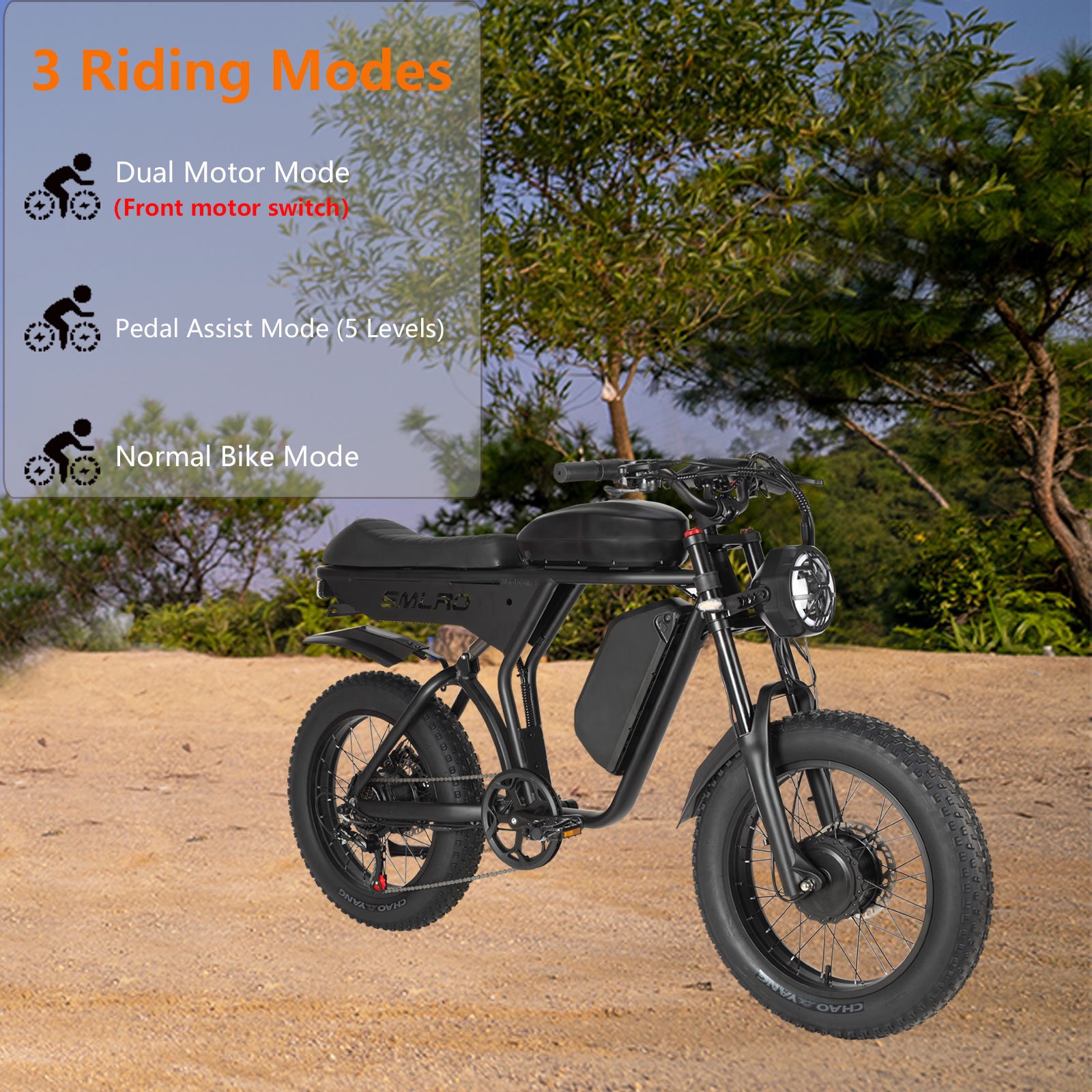US Warehouse SMLRO U8 Electric Mountain Bike Adults 34MPH 80Miles Brushless Dual Motor Disc Brake 40.2AH Removable Daul Battery