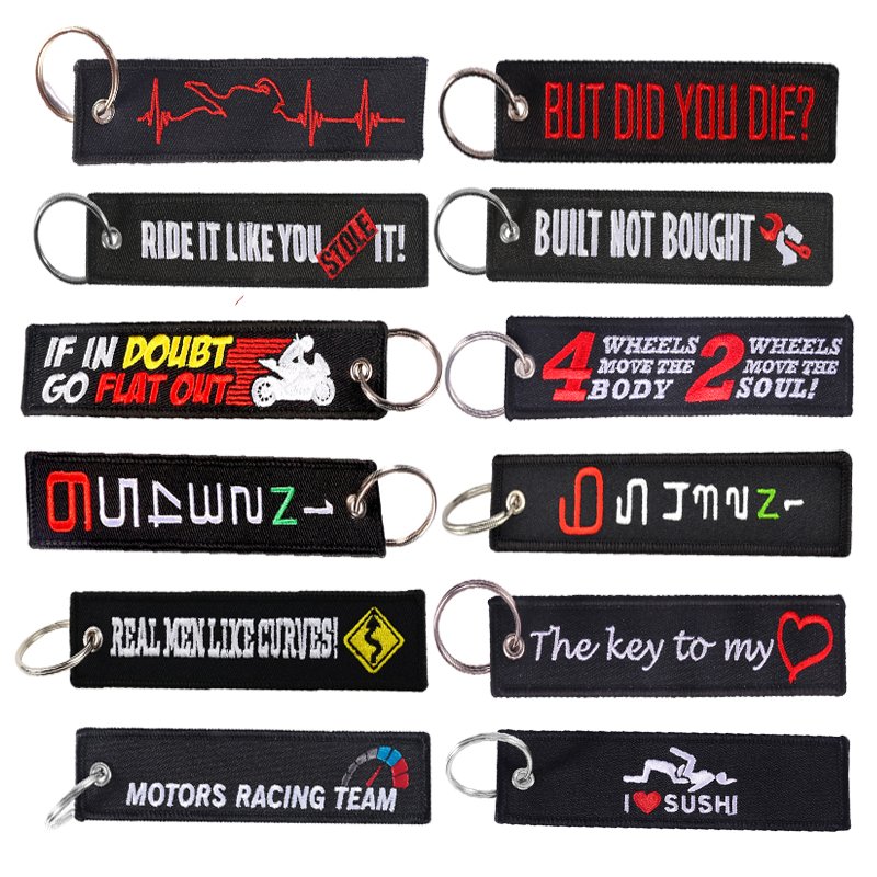 Embroidered key chain for motorcycles, scooters, cars, and gifts. Ideal for sportbike bags and backpacks. Remove before flight.