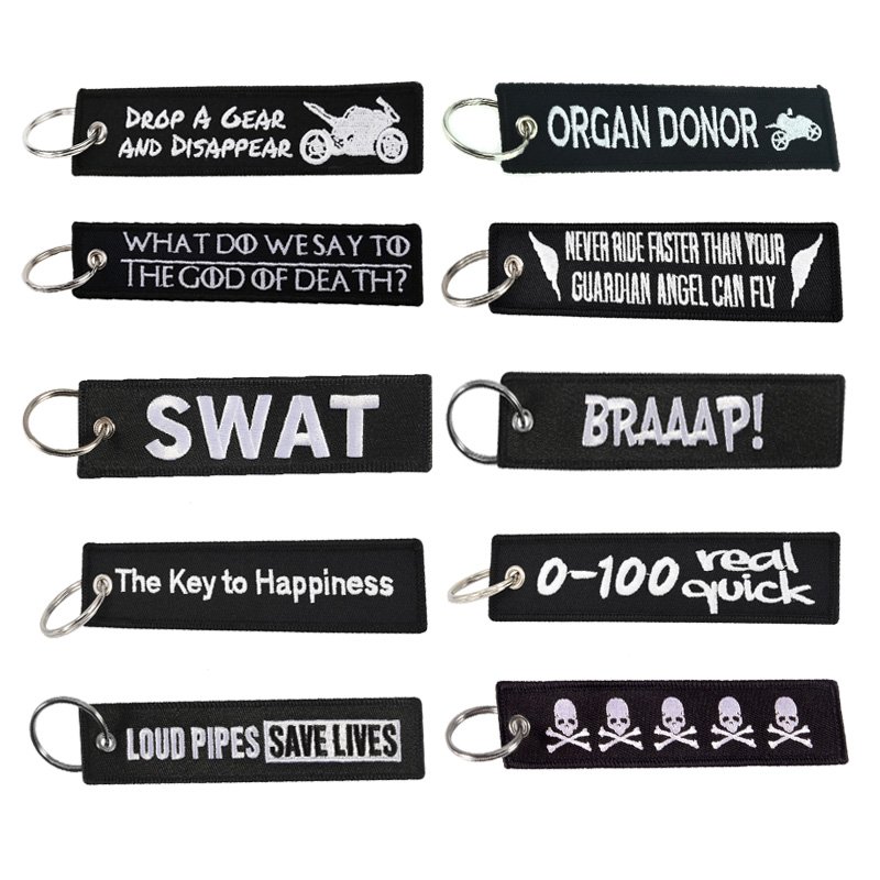 Embroidered key chain for motorcycles, scooters, cars, and gifts. Ideal for sportbike bags and backpacks. Remove before flight.