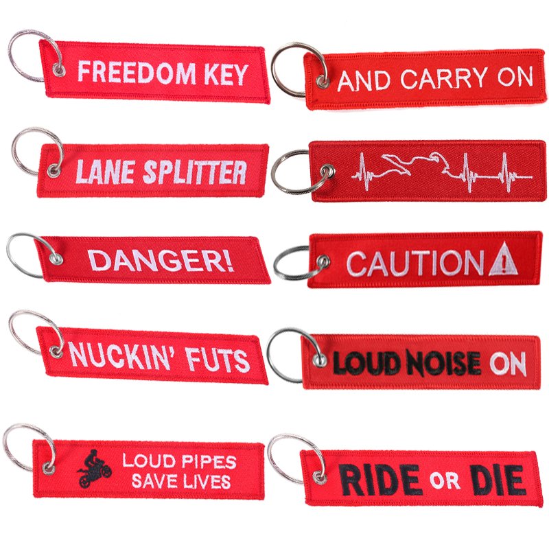Embroidered key chain for motorcycles, scooters, cars, and gifts. Ideal for sportbike bags and backpacks. Remove before flight.