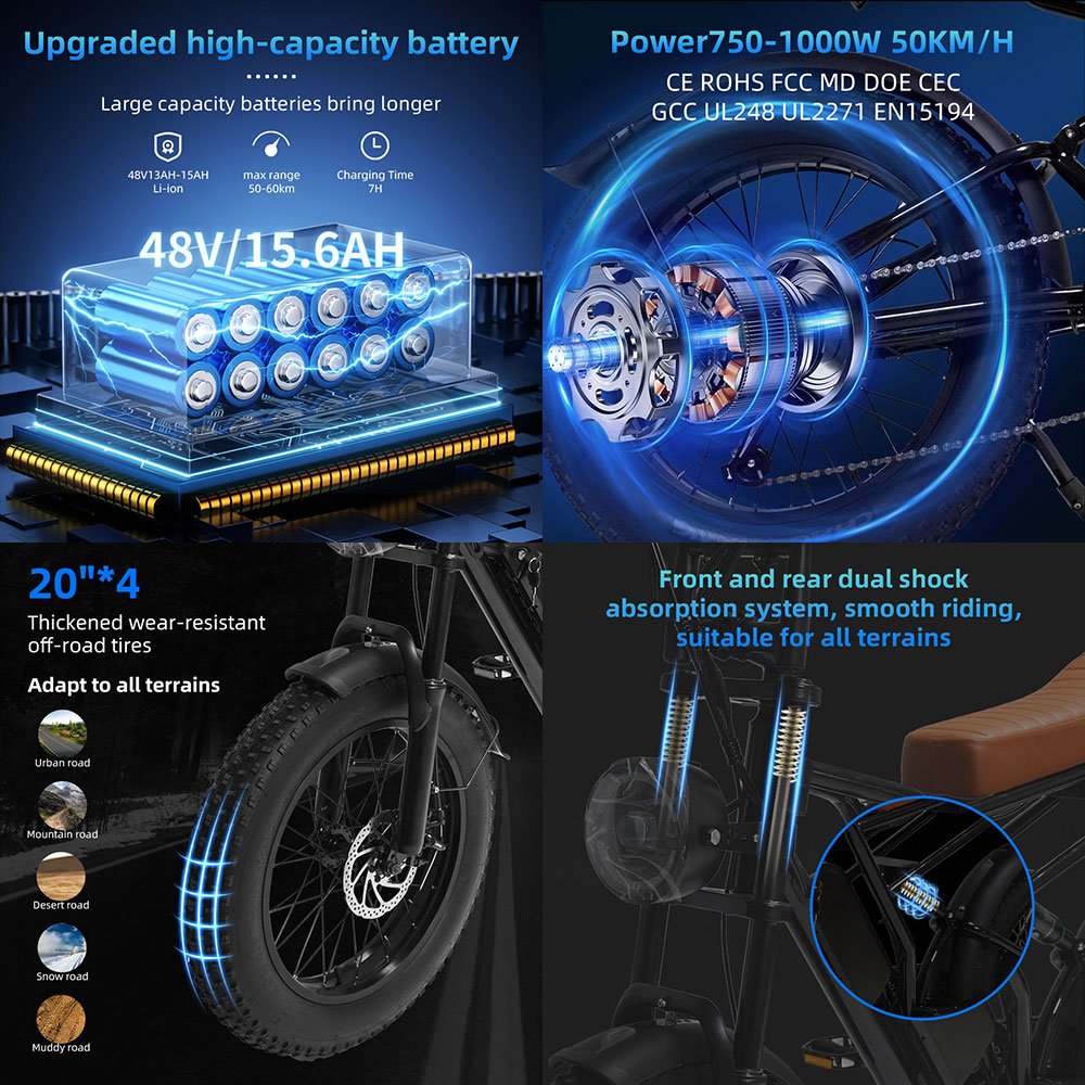 High Quality CS-M1 Fat Tire Electric Mountain Bike 20*4'' Durable Two Wheel Electric Bicycle 7 Speed Folding Dirt Electric Bike
