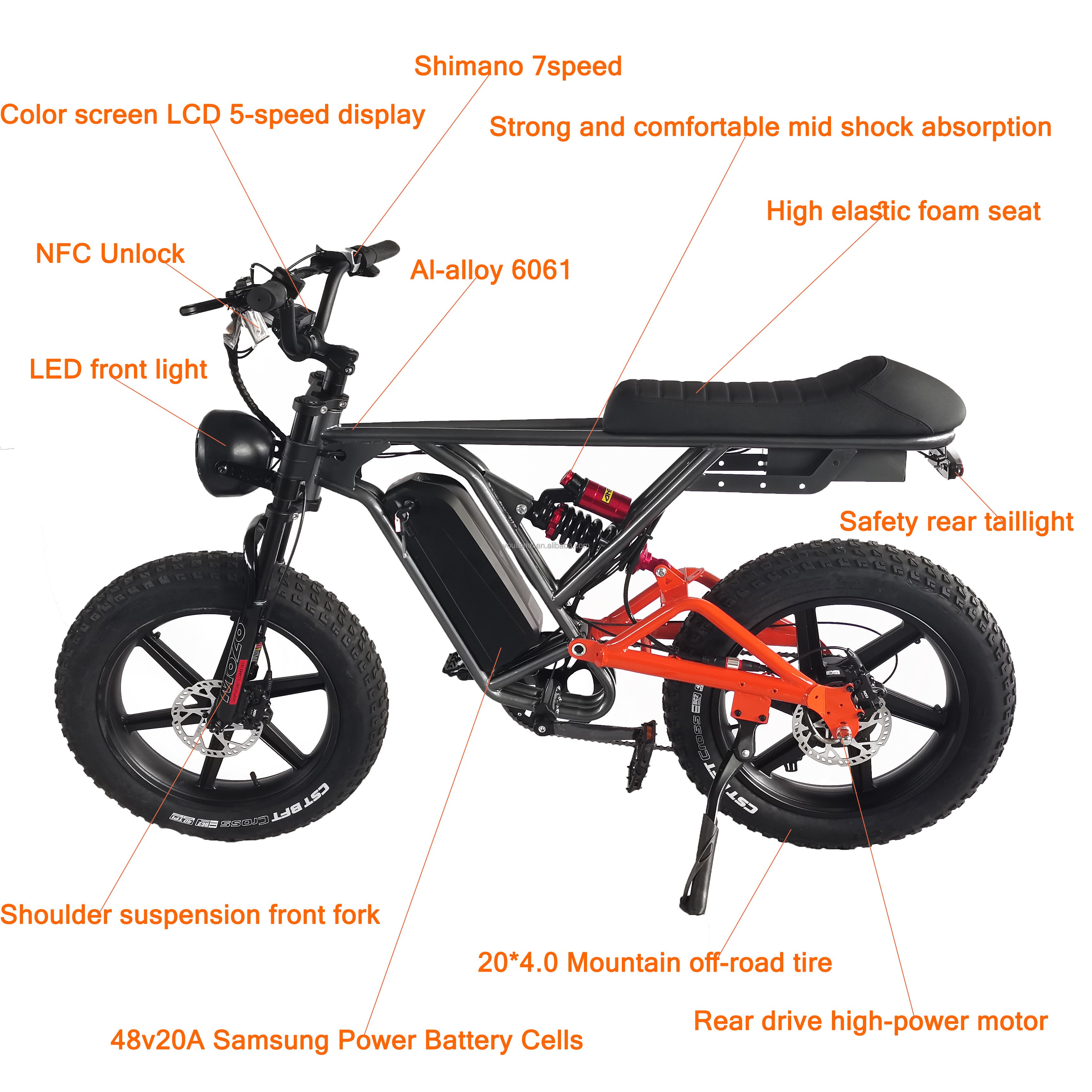 Factory Direct 1000W Electric Car 48v Lithium Battery 25ah Capacity 7 Speed Gear Fat Tire E-Bike