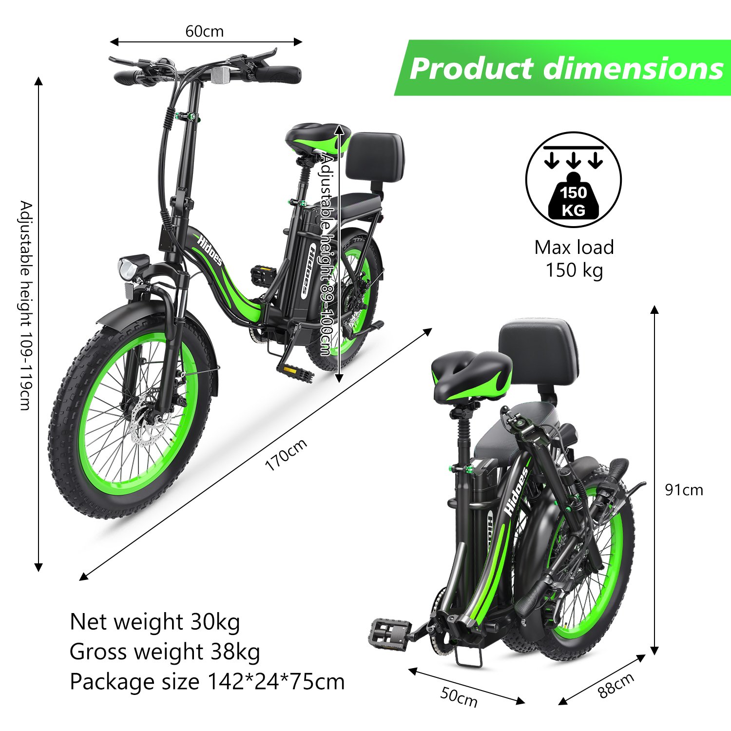 UK EU US Warehouse 20" 750 watt Hidoes C1 Folded Ebike Women Electric City Street Bike 15Ah Urban Commuting Electric Bicycle