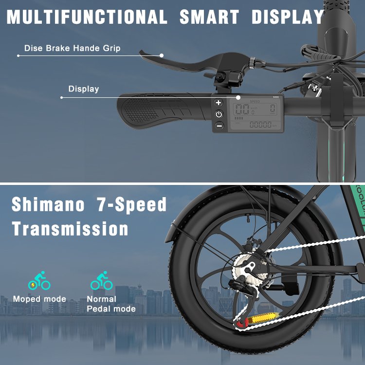 KOOLUX Folding City Electric Bike with Throttle 15Ah Powerful Motor 20Inch 7 Speeds 25KM/H Fat Tire LCD Screen