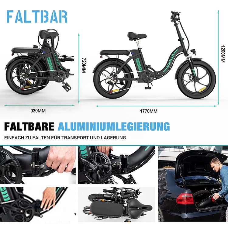 KOOLUX Folding City Electric Bike with Throttle 15Ah Powerful Motor 20Inch 7 Speeds 25KM/H Fat Tire LCD Screen