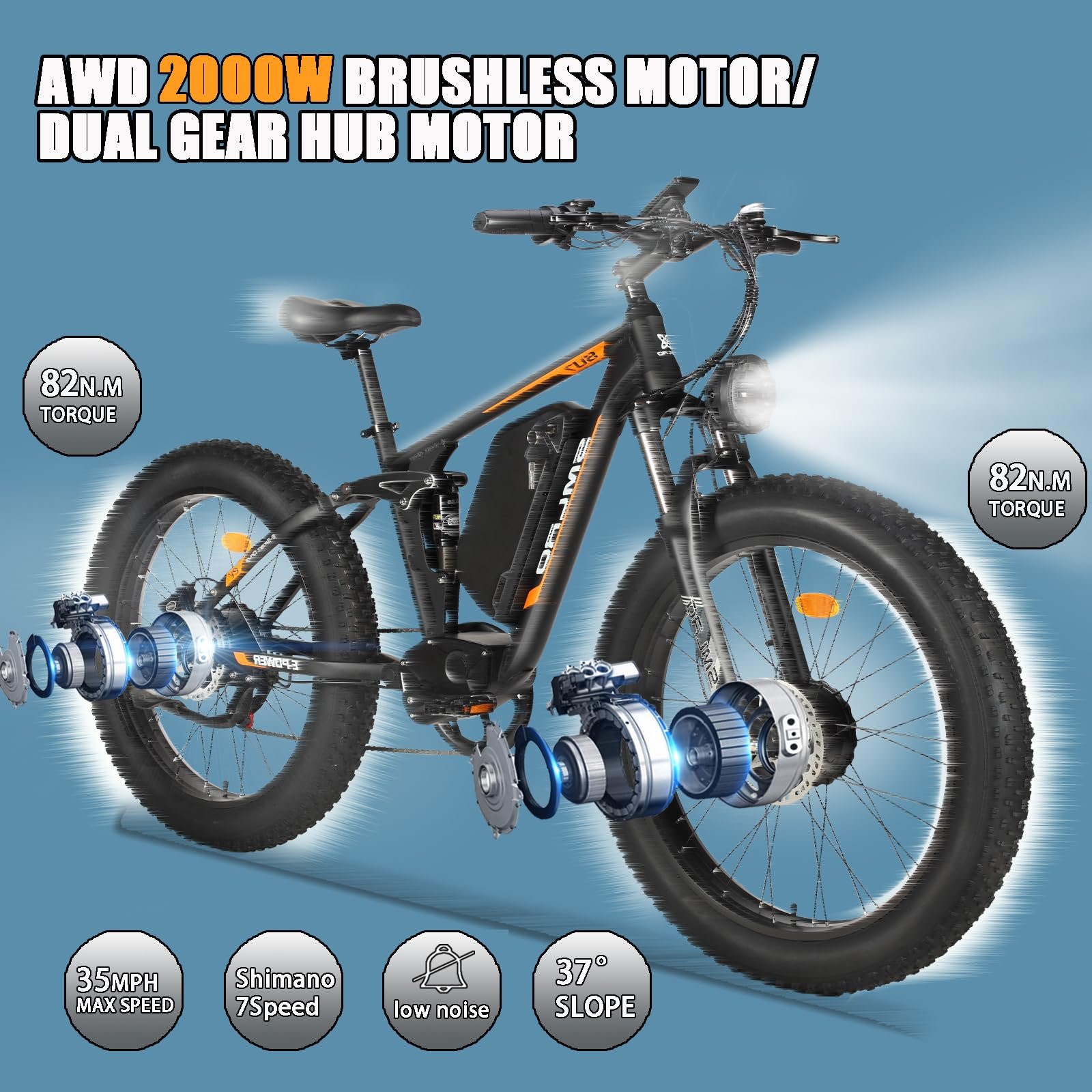 US In Stock SMLRO SU7 2000W Motor Electric Bicycle for Adult 48v 22.4ah 26inch Shimano 7 Speed Ebike mountain ebike