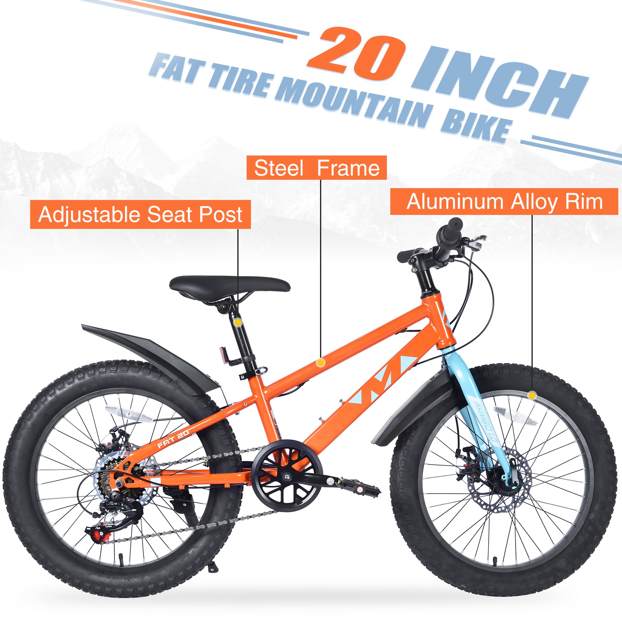 ZUKKA 20 inch Mountain Bike With 20''*3.0 Fat Tyre 7spd For Juniors Orange Color MTB