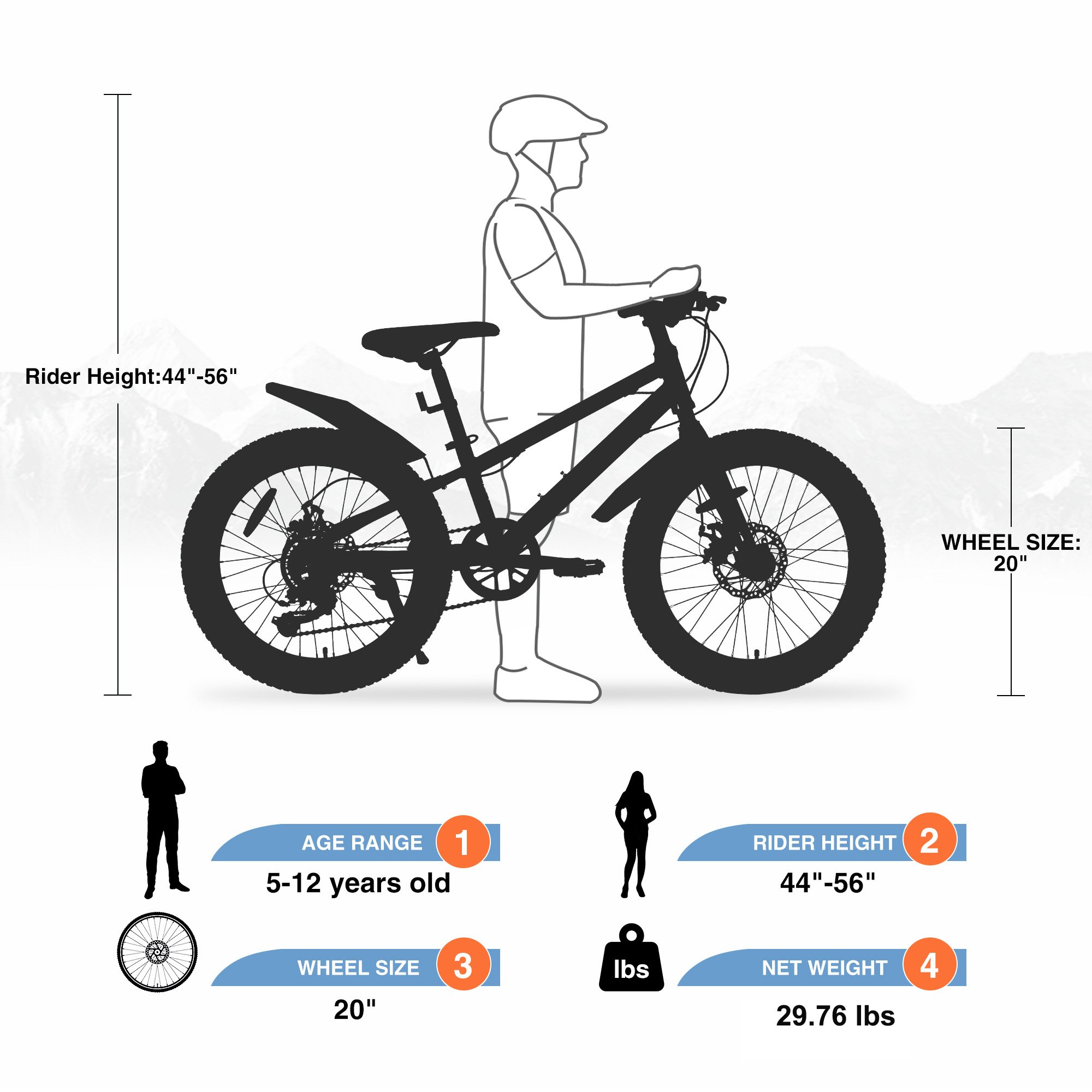 ZUKKA 20 inch Mountain Bike With 20''*3.0 Fat Tyre 7spd For Juniors Orange Color MTB