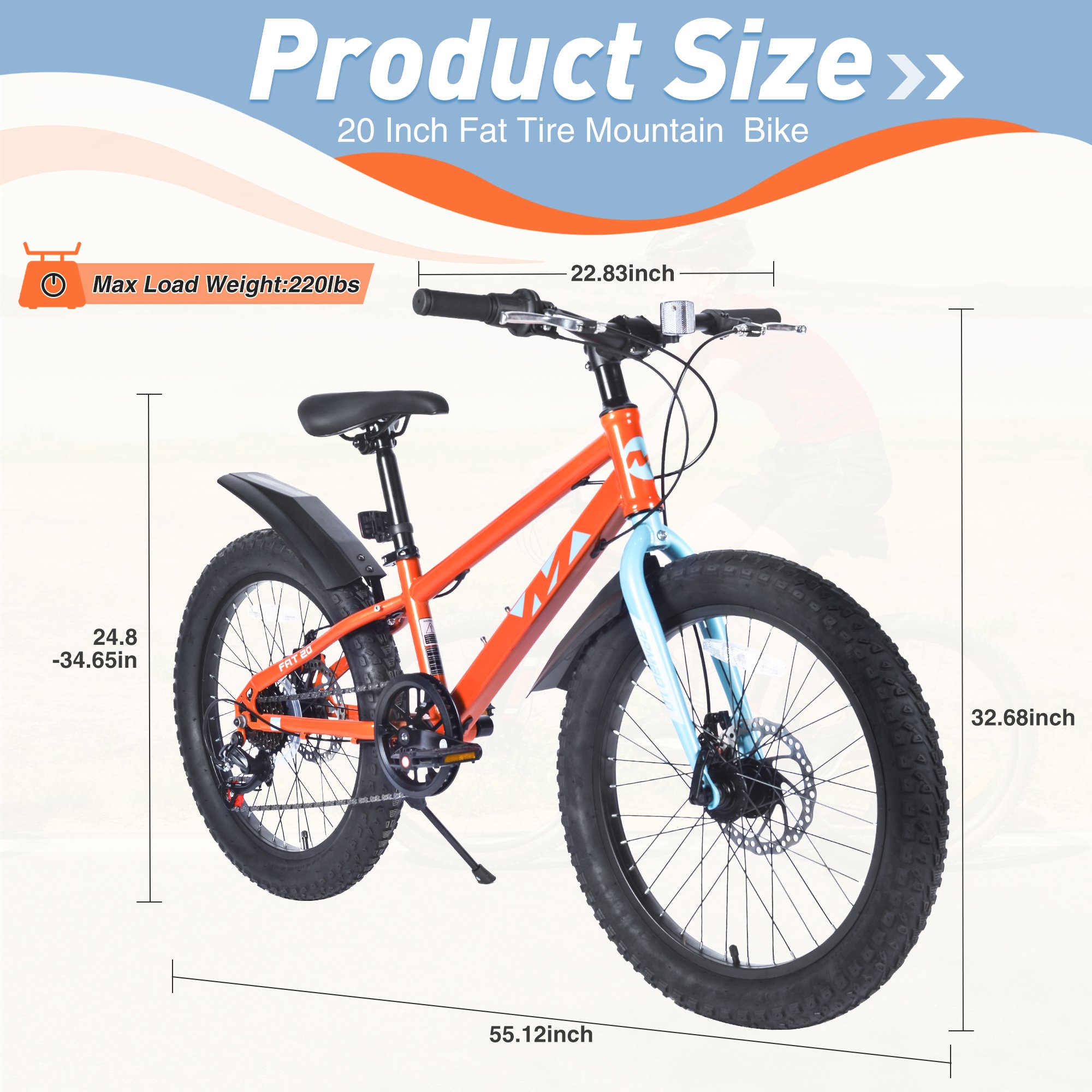 ZUKKA 20 inch Mountain Bike With 20''*3.0 Fat Tyre 7spd For Juniors Orange Color MTB