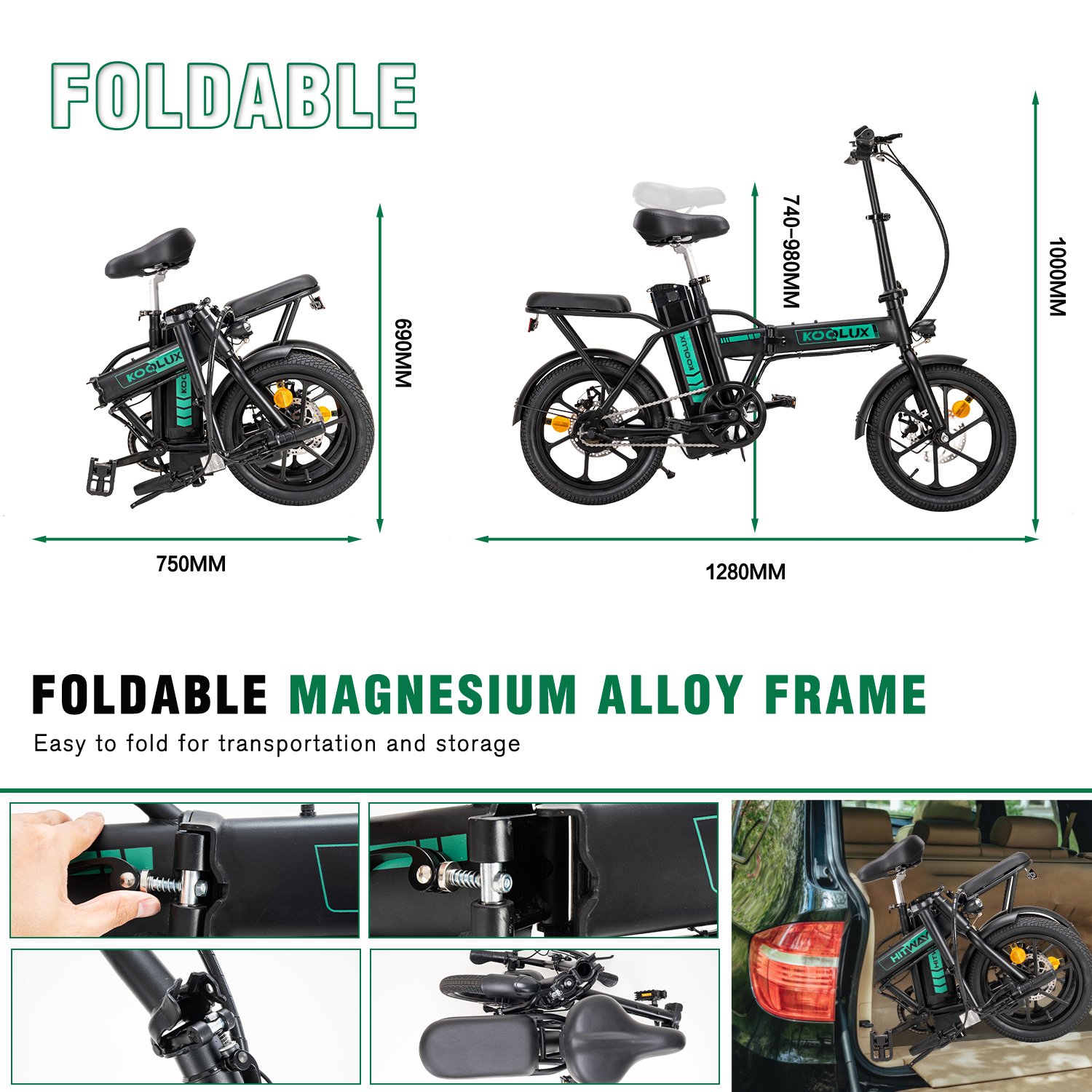 KOOLUX US/EU/UK Warehouse Stock Folding Bike Carbon Frame 16Inch Mini City Easy to Carry Electric Bicycle for Adult