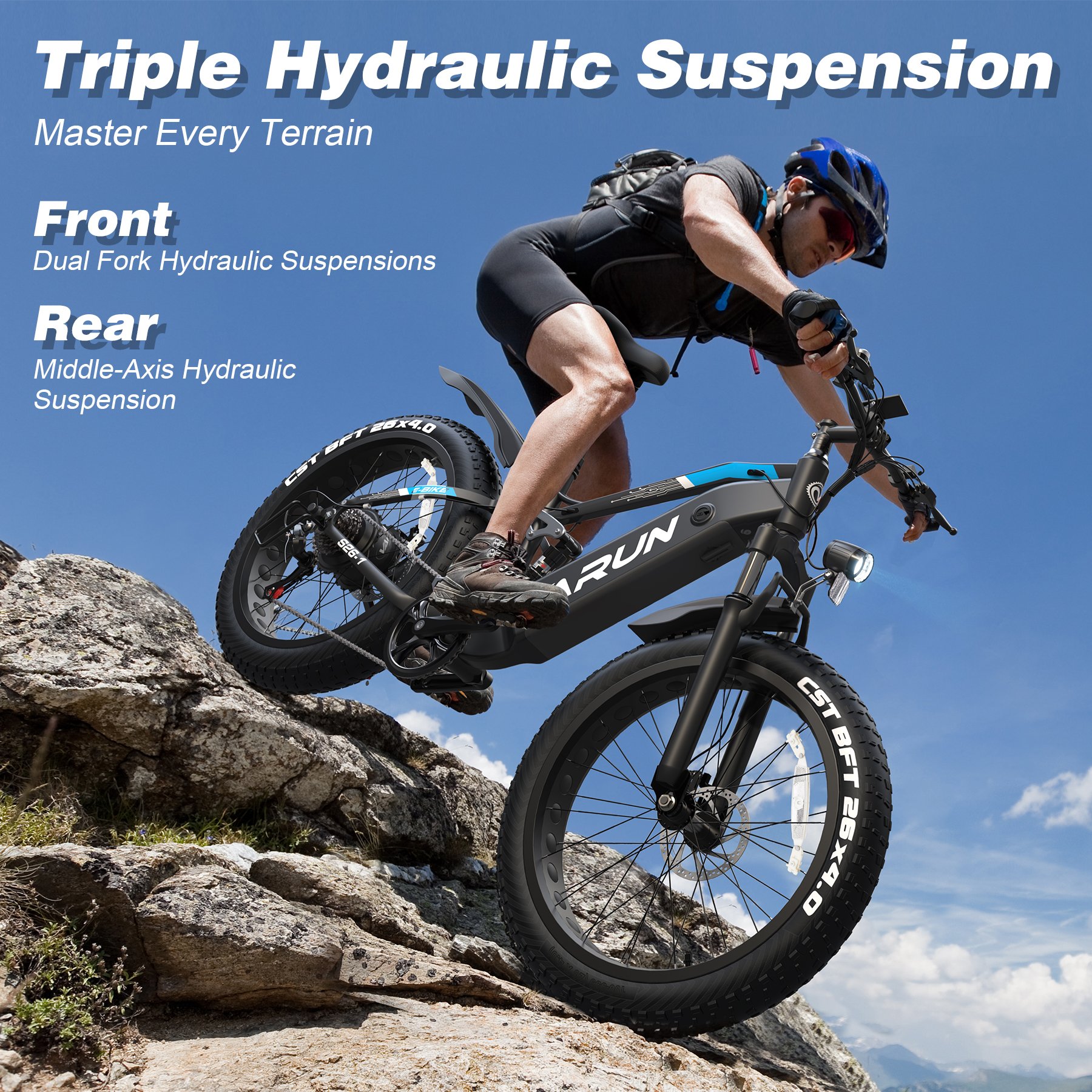 VARUN Warehouse Stock Dropshipping Triple Hydraulic Suspension 1000W 26*4" Fat Tire 40KPH Fast Long Rang Electric Mountain Bike