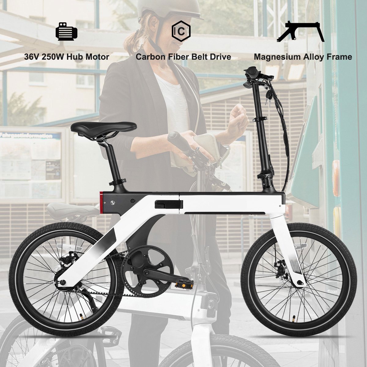 High quality 20 inch Lightweight Magnesium Folding Electric bicycle 250W Foldable E bike with Carbon Belt 10Ah Hidden Battery