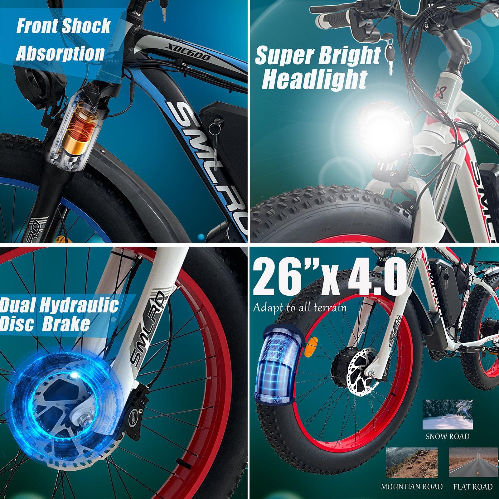 US Warehouse SMLRO XDC600 PLUS AWD 1000W 2000W 48V 26" Motor Bike Electric Bike Fat Tire Mountain Snow Bicycle Ebike