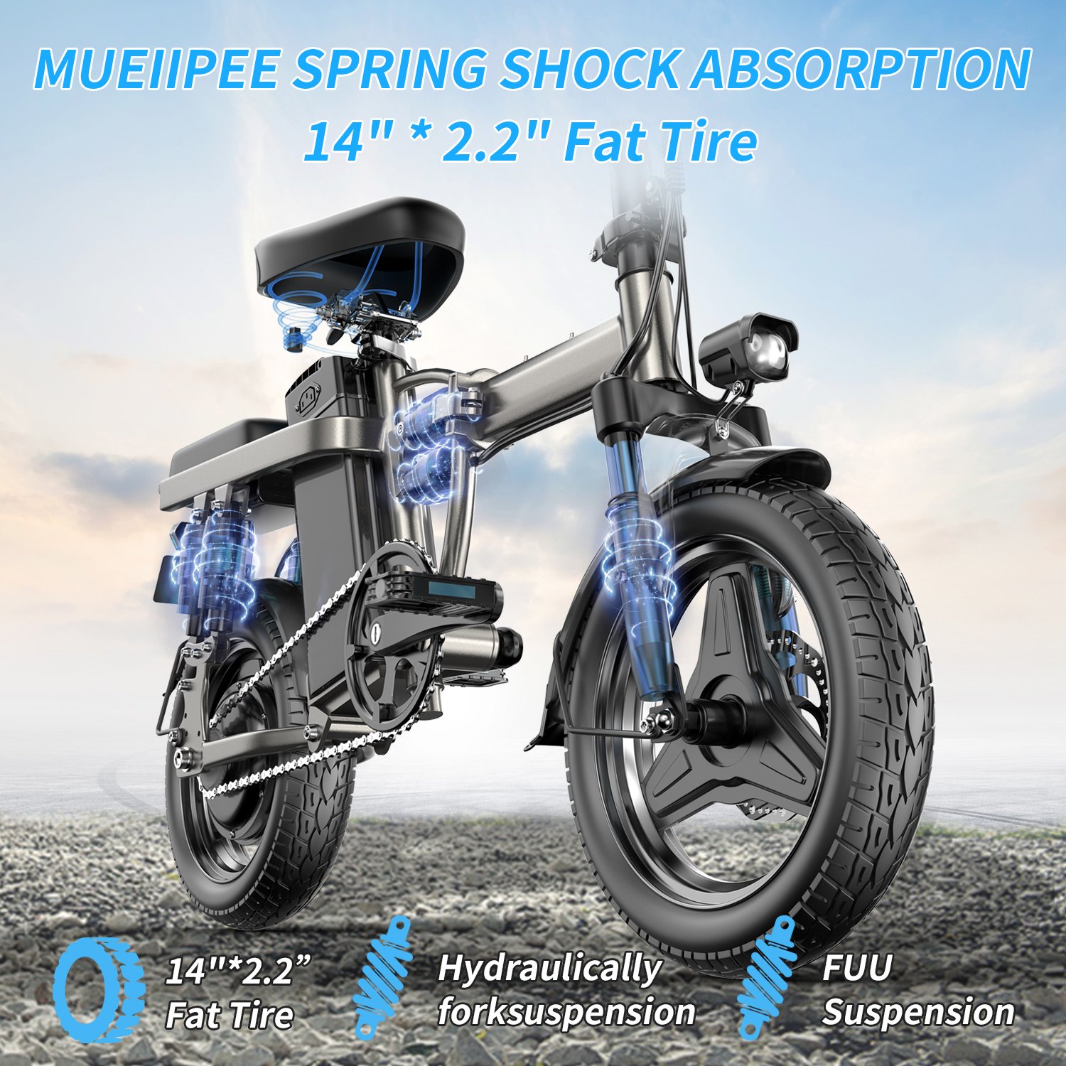US Warehouse 500W 48V 15AH Electric Folding Bike/Moped 14 Inch Fat Tire with 7 Speed Gears and Lithium Battery for Transport