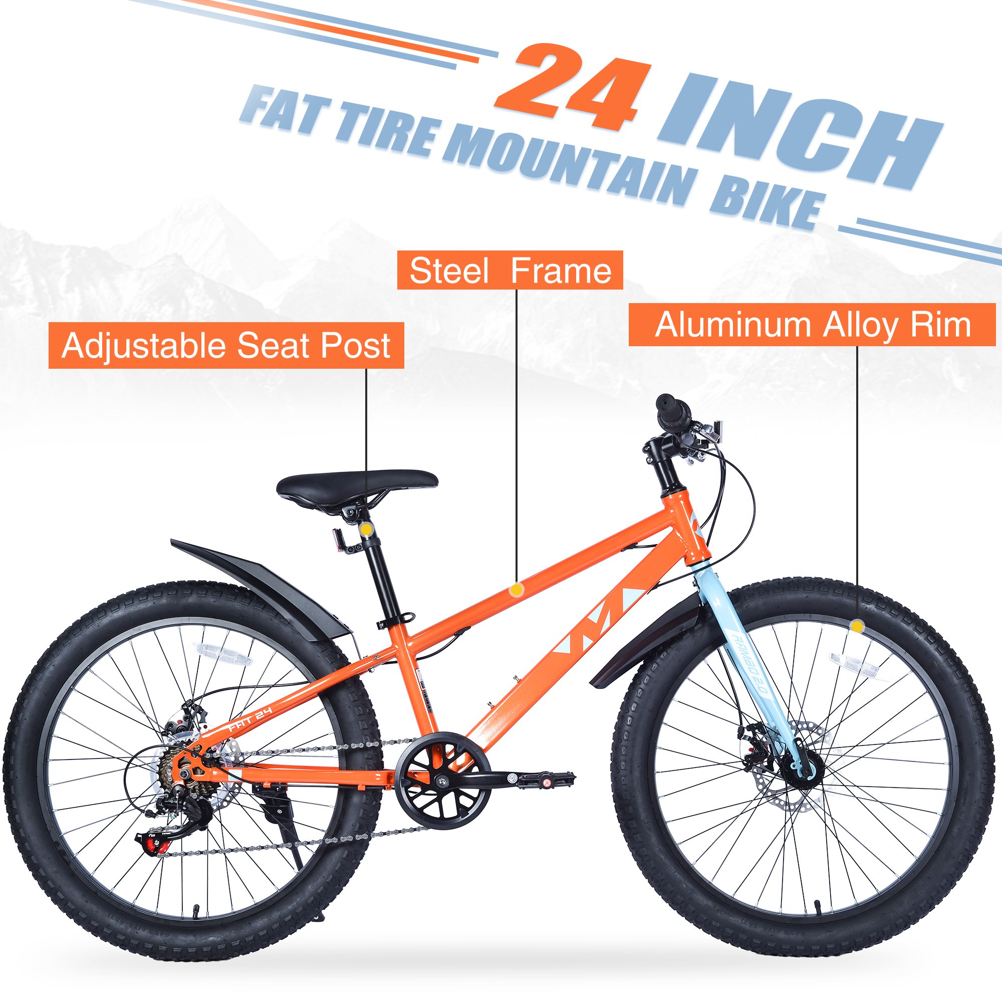 ZUKKA 24 inch Fat Tyre Mountain Bike For Beginners With 24''*3.0 Tyre And 7spd Orange Color
